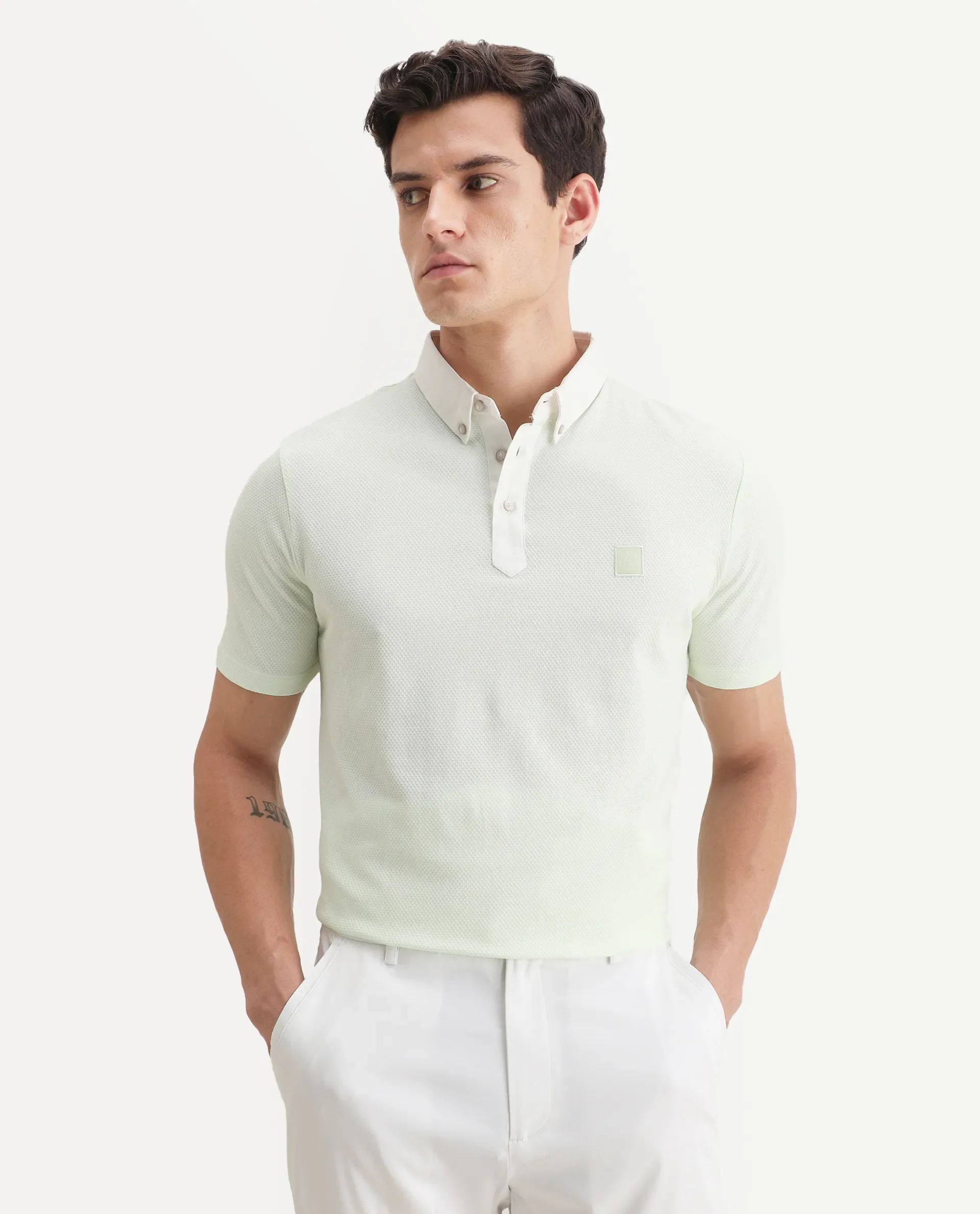 Rare Rabbit Men's Parmat Light Green Cotton Plain Regular Fit Half Sleeve Polo