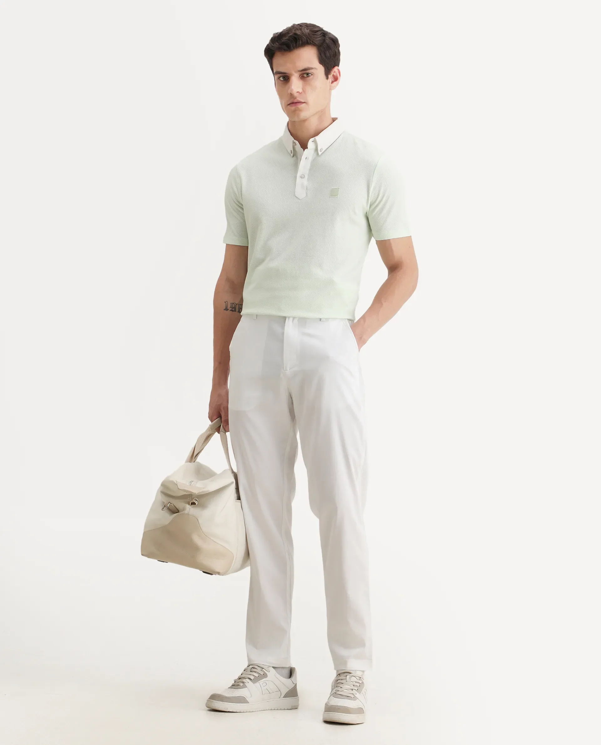 Rare Rabbit Men's Parmat Light Green Cotton Plain Regular Fit Half Sleeve Polo - Image 2