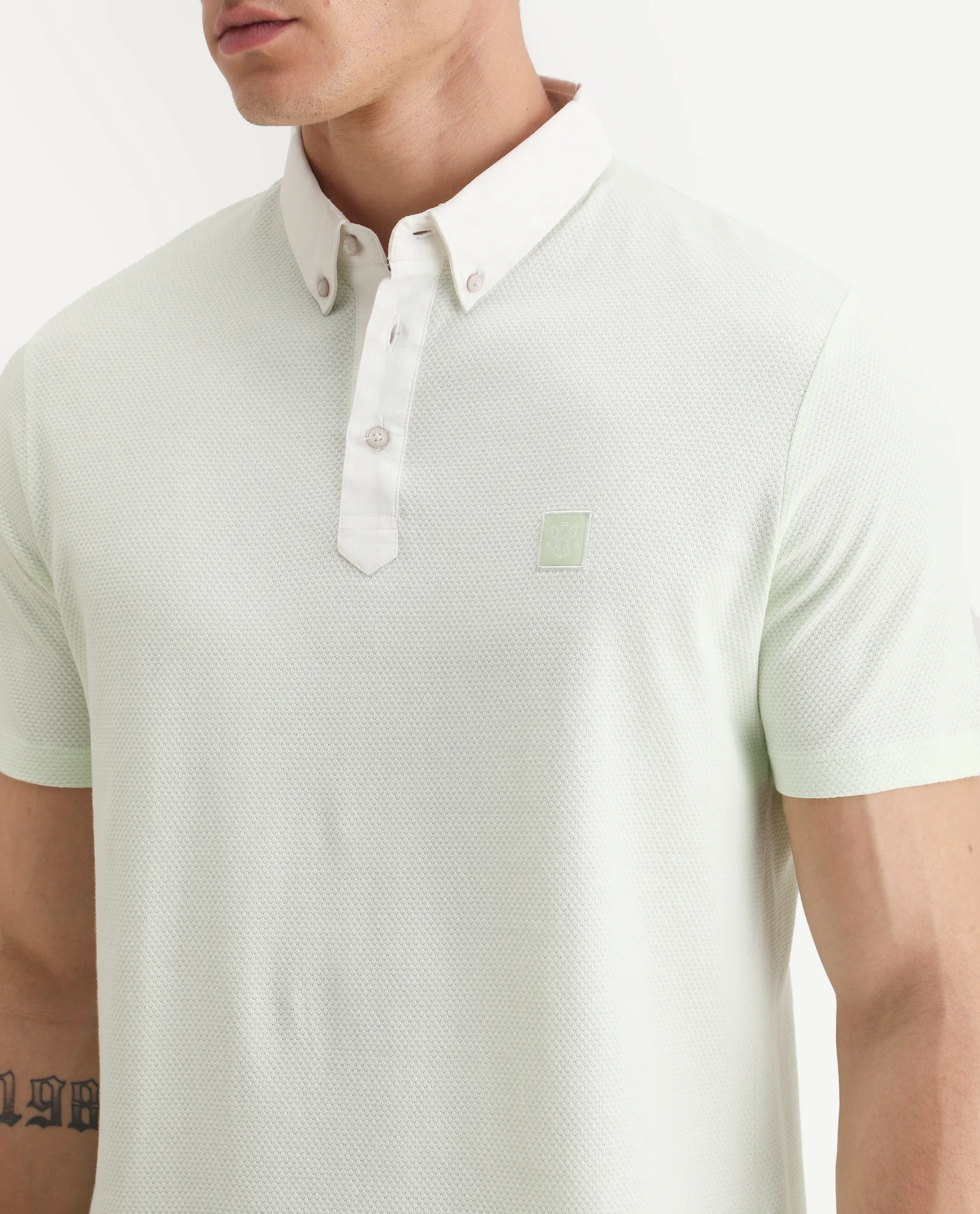 Rare Rabbit Men's Parmat Light Green Cotton Plain Regular Fit Half Sleeve Polo - Image 3