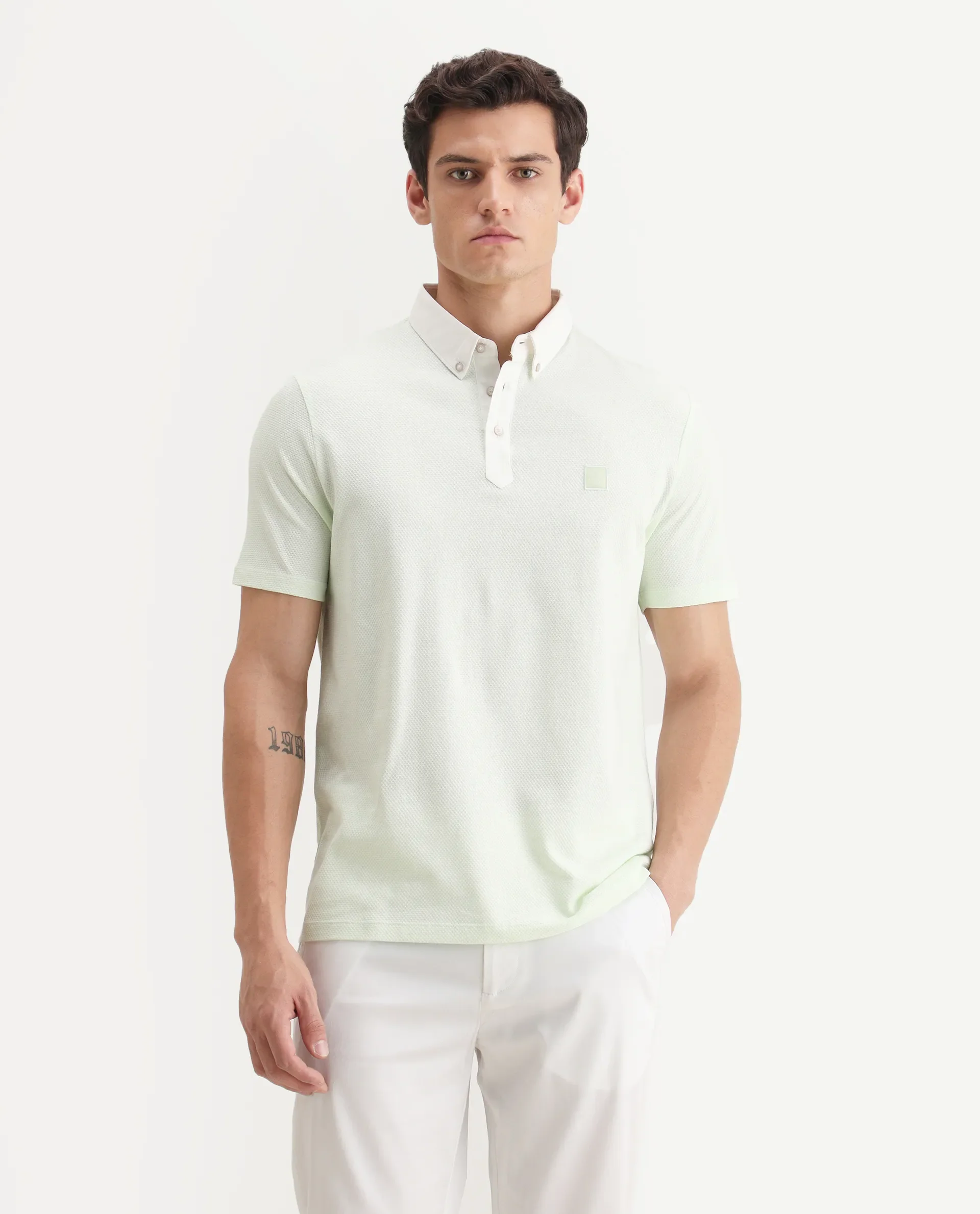 Rare Rabbit Men's Parmat Light Green Cotton Plain Regular Fit Half Sleeve Polo - Image 4
