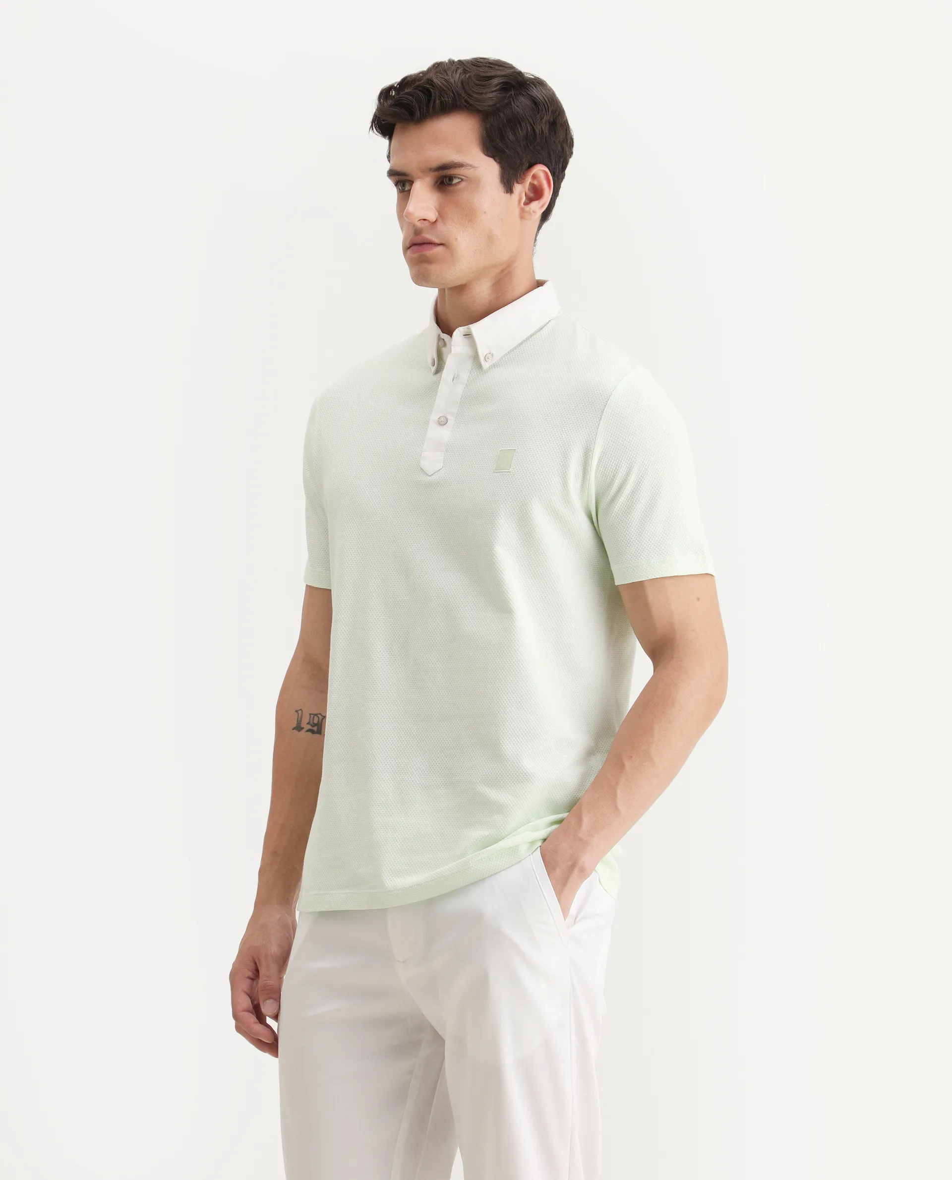 Rare Rabbit Men's Parmat Light Green Cotton Plain Regular Fit Half Sleeve Polo - Image 5