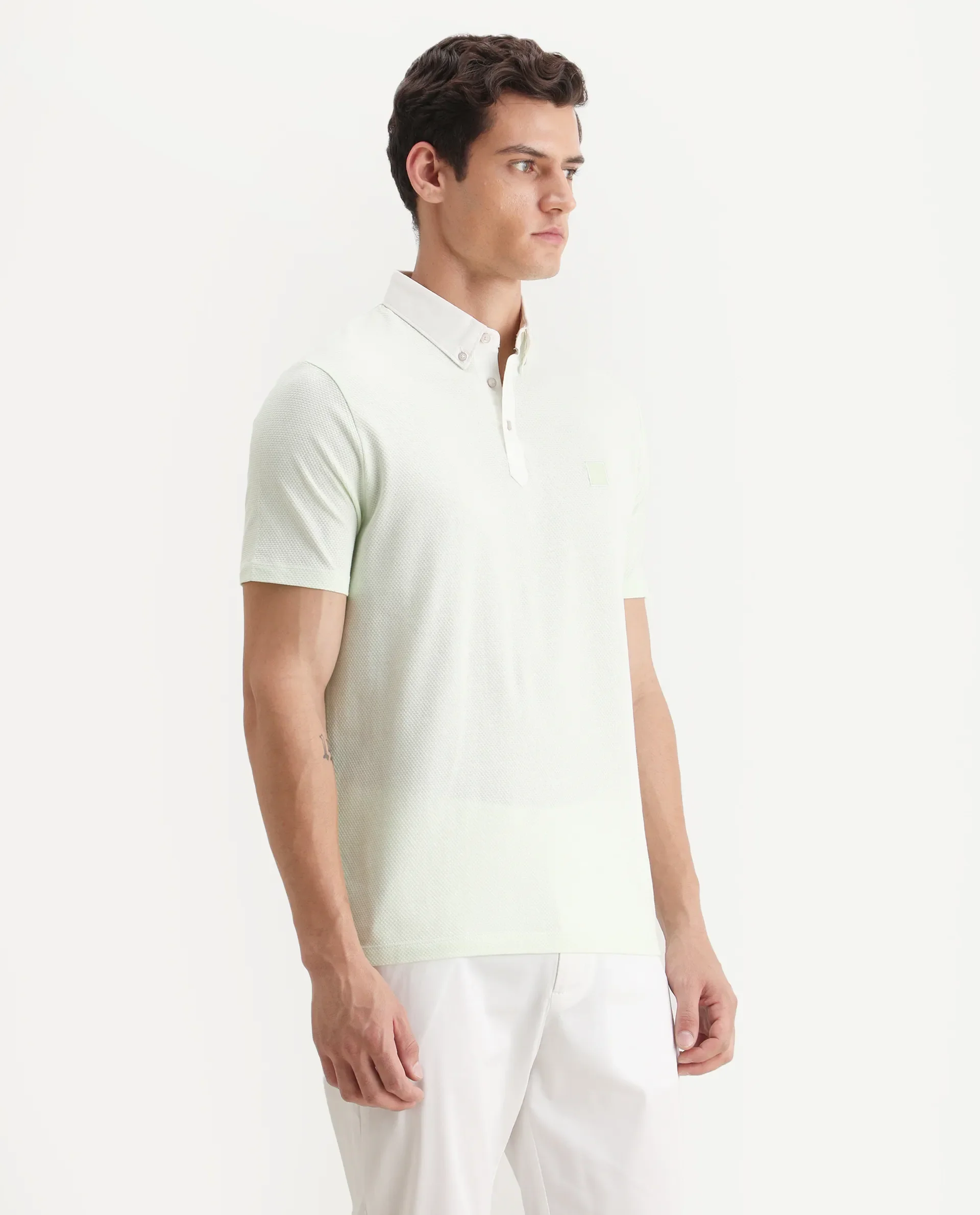 Rare Rabbit Men's Parmat Light Green Cotton Plain Regular Fit Half Sleeve Polo - Image 6