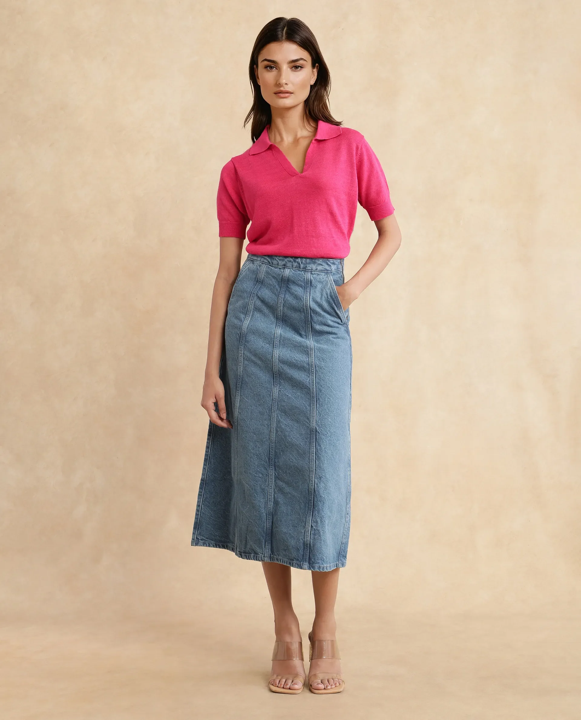Rareism Women's Parrit Blue Cotton Plain Midi Flared Skirt