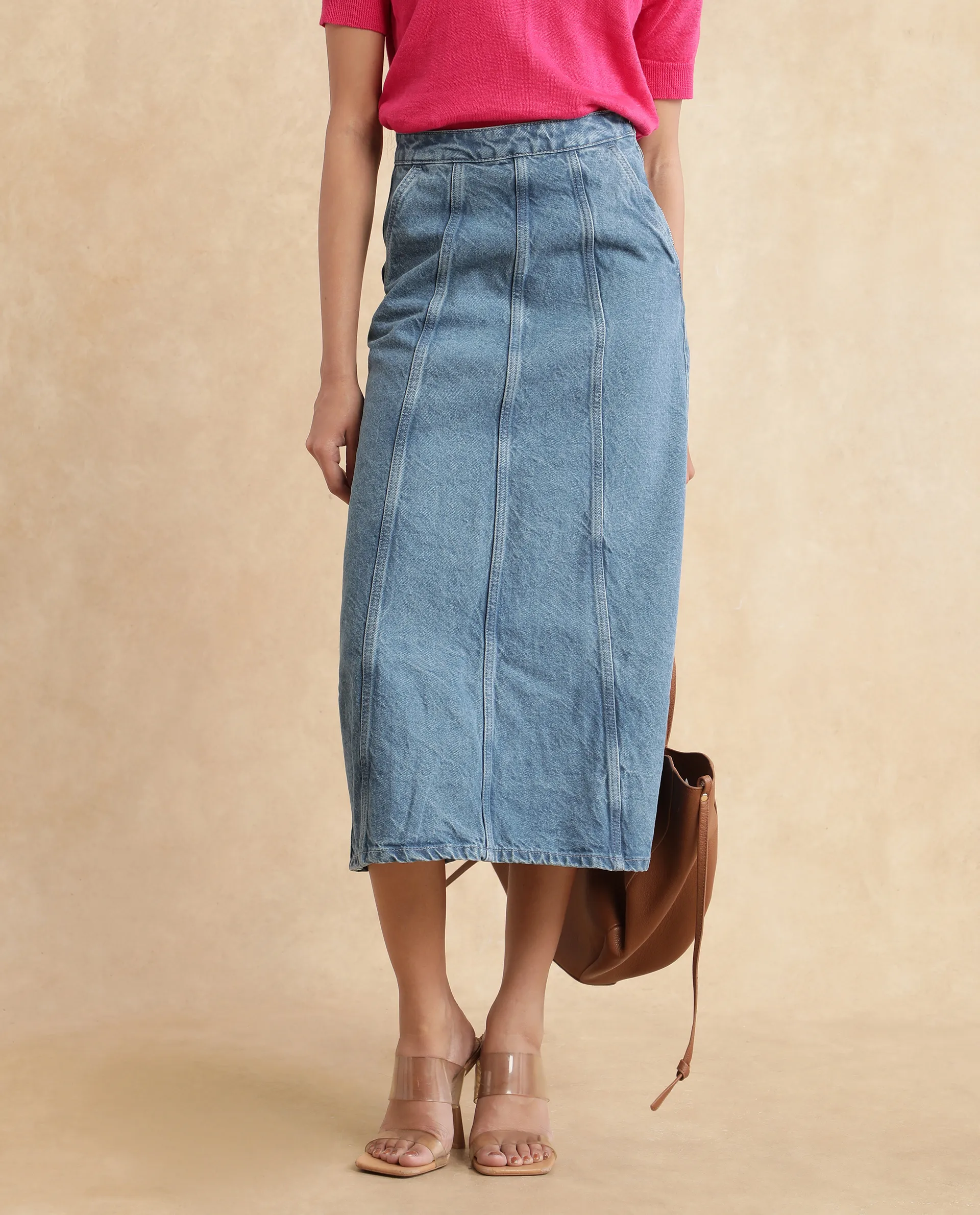 Rareism Women's Parrit Blue Cotton Plain Midi Flared Skirt - Image 2