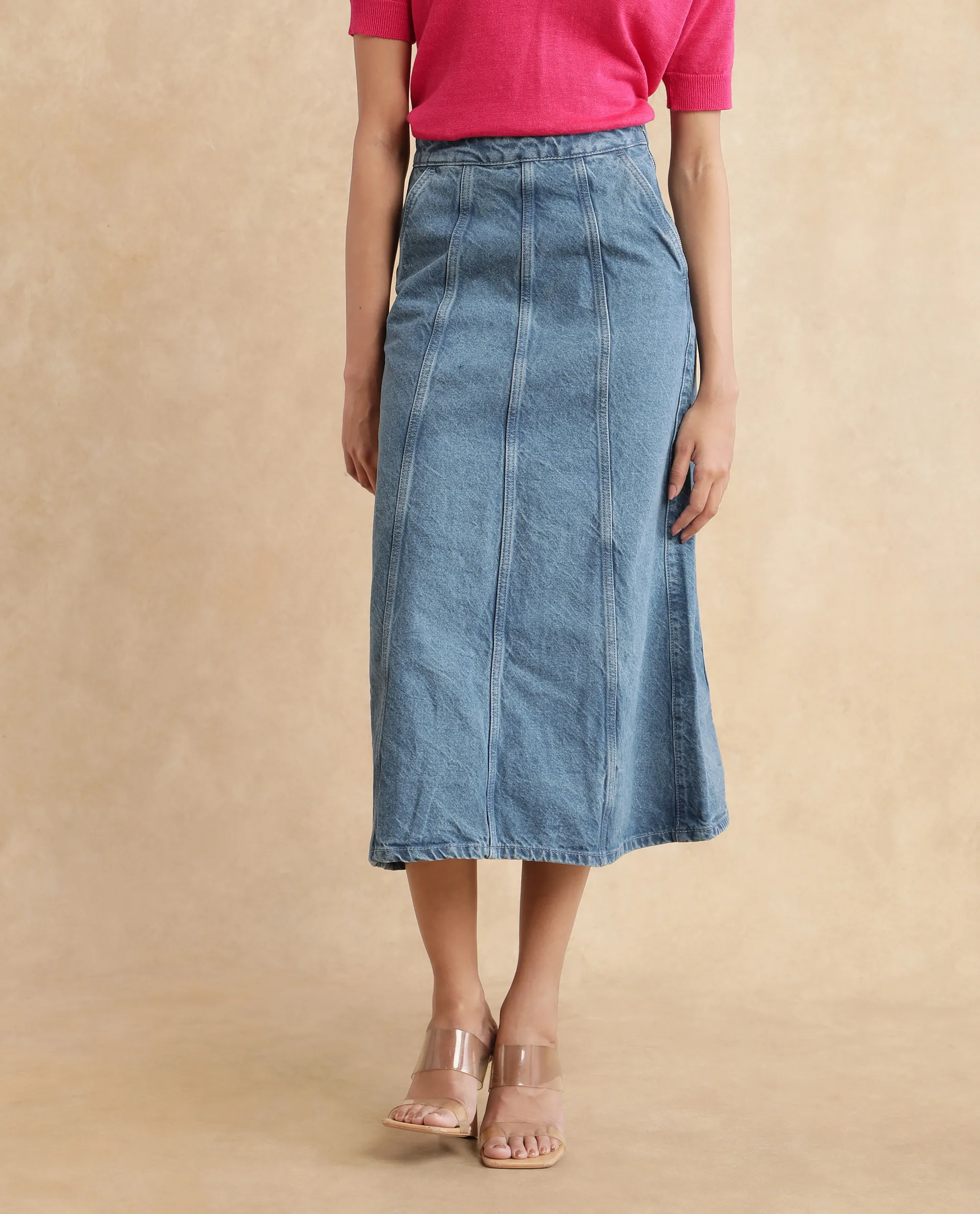 Rareism Women's Parrit Blue Cotton Plain Midi Flared Skirt - Image 5