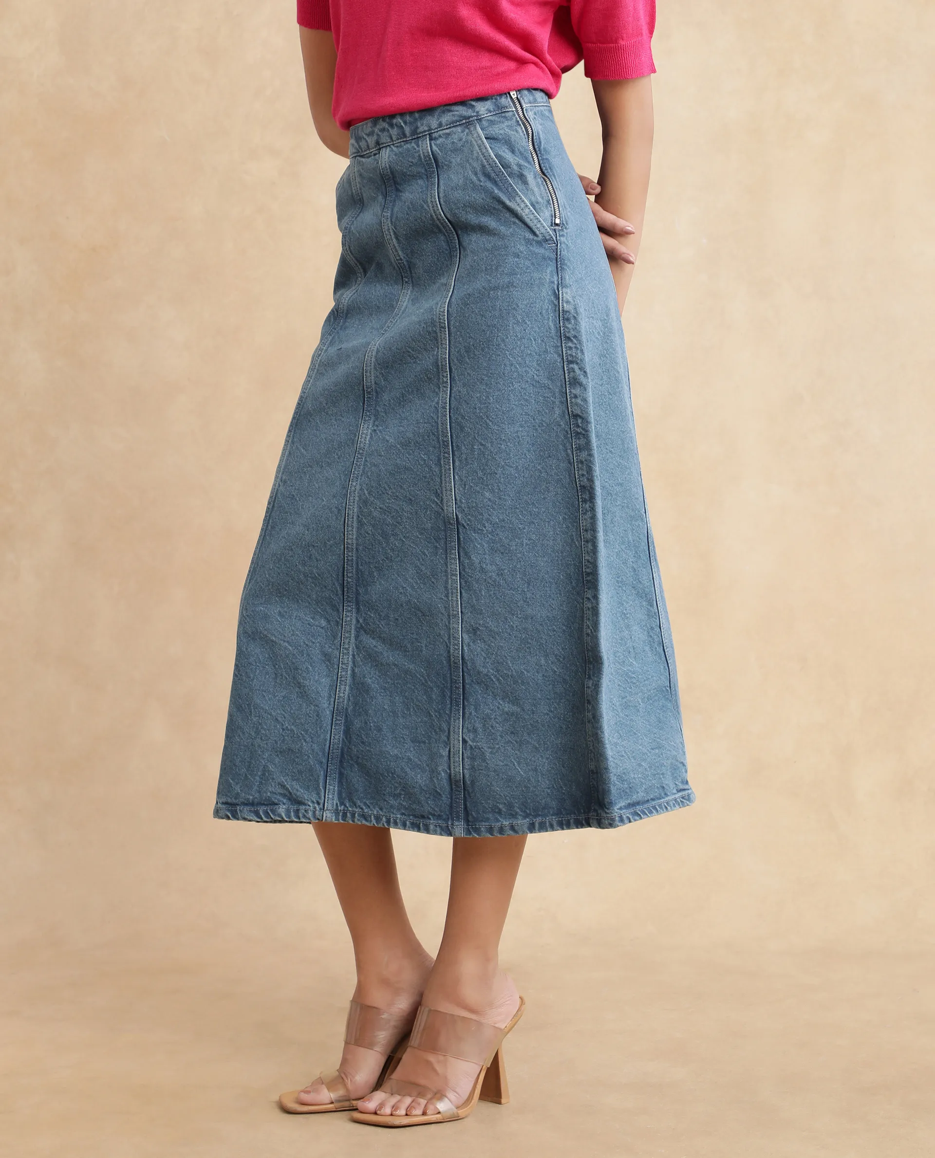 Rareism Women's Parrit Blue Cotton Plain Midi Flared Skirt - Image 6