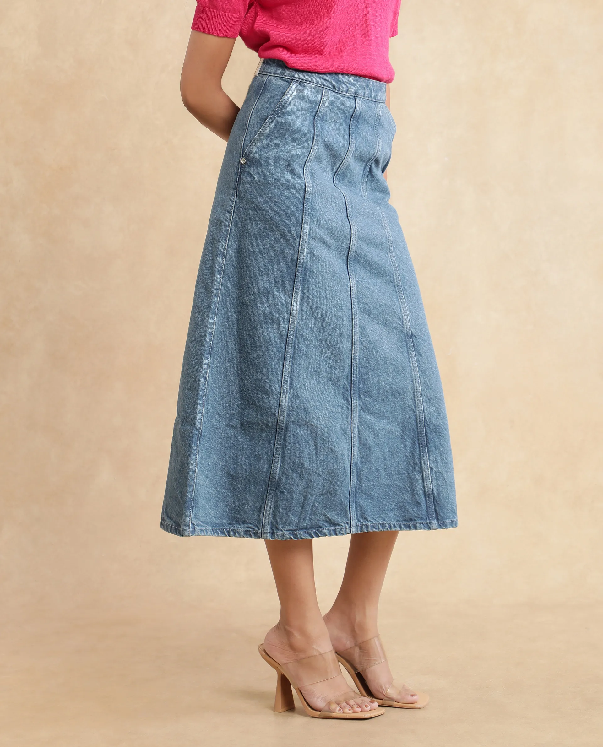 Rareism Women's Parrit Blue Cotton Plain Midi Flared Skirt - Image 7