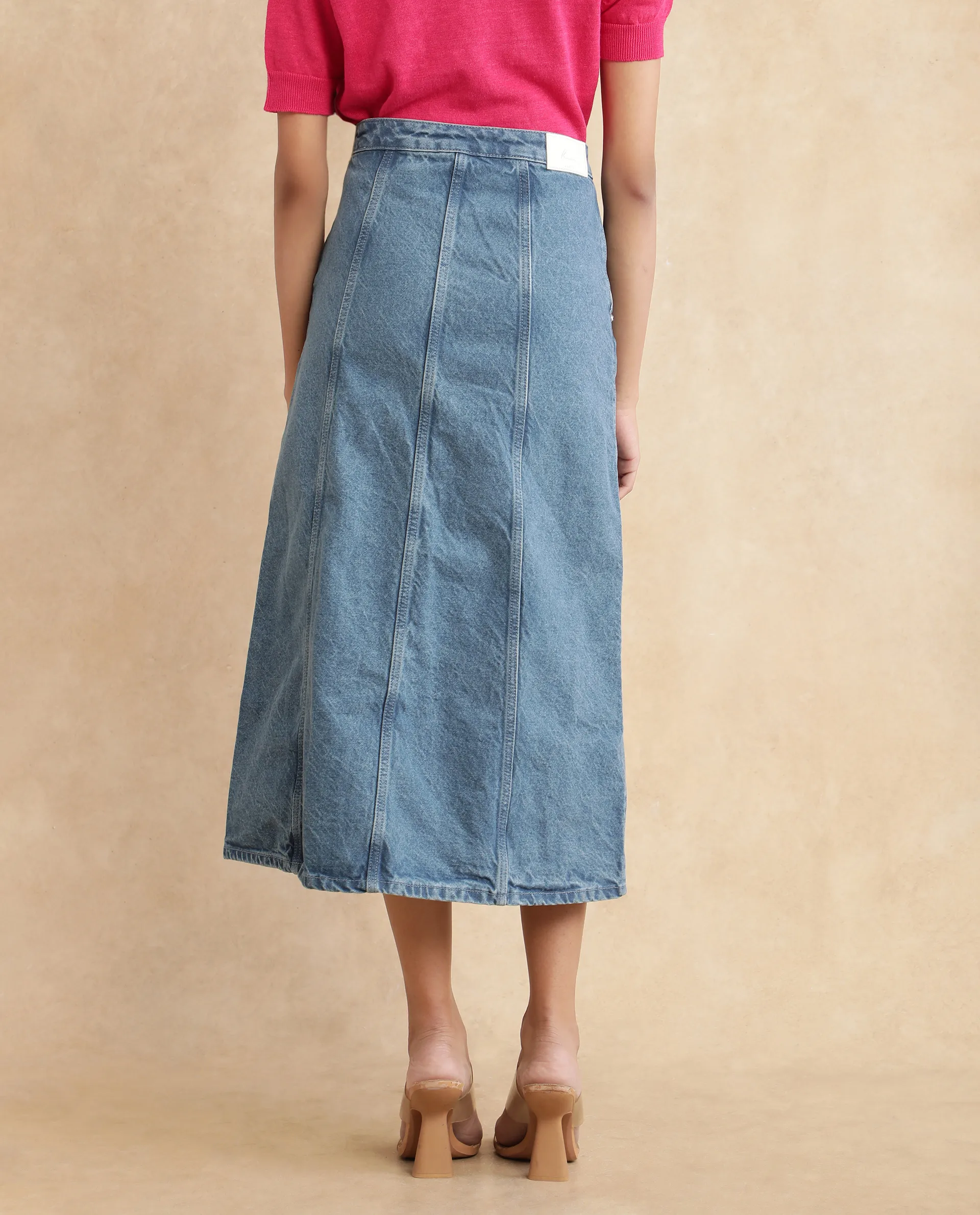 Rareism Women's Parrit Blue Cotton Plain Midi Flared Skirt - Image 8