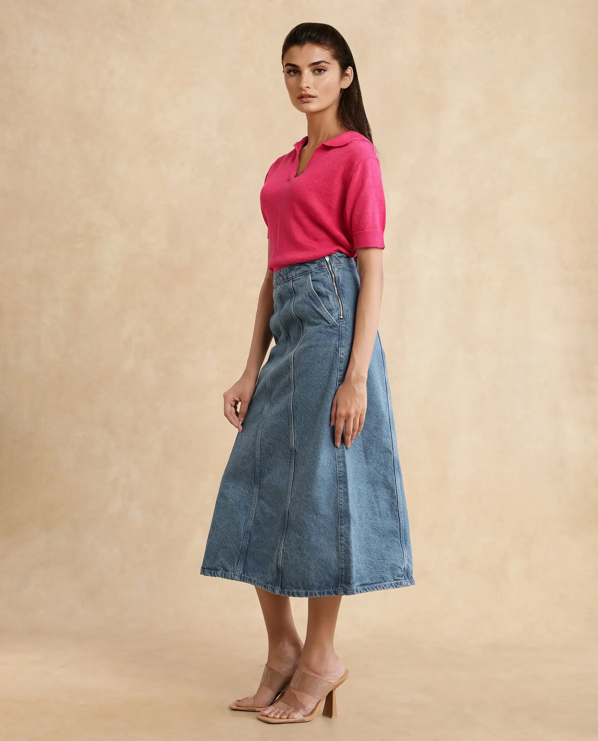 Rareism Women's Parrit Blue Cotton Plain Midi Flared Skirt - Image 9