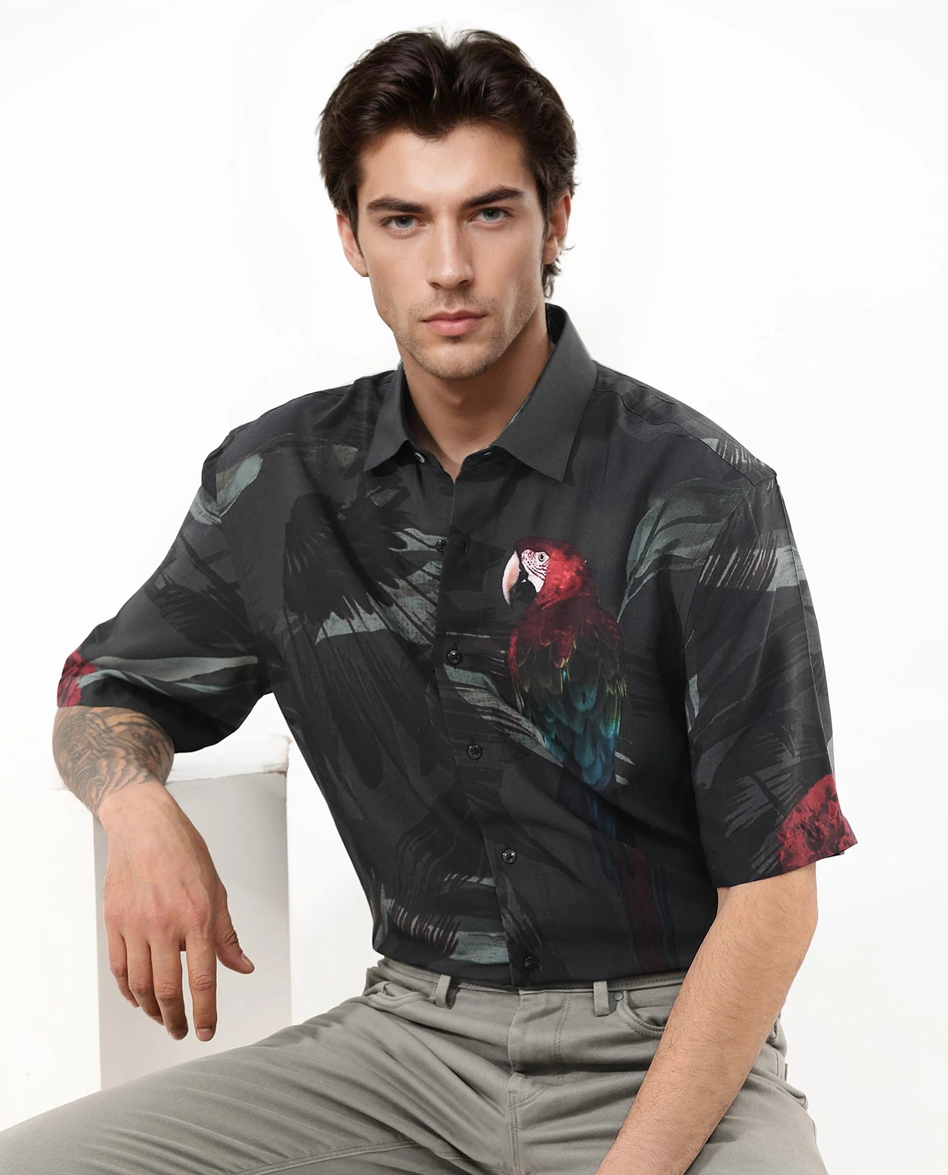 Rare Rabbit Men's Parrot Dark Grey Viscose Animal Print Boxy Fit Half Sleeve Collared Shirt - Image 10