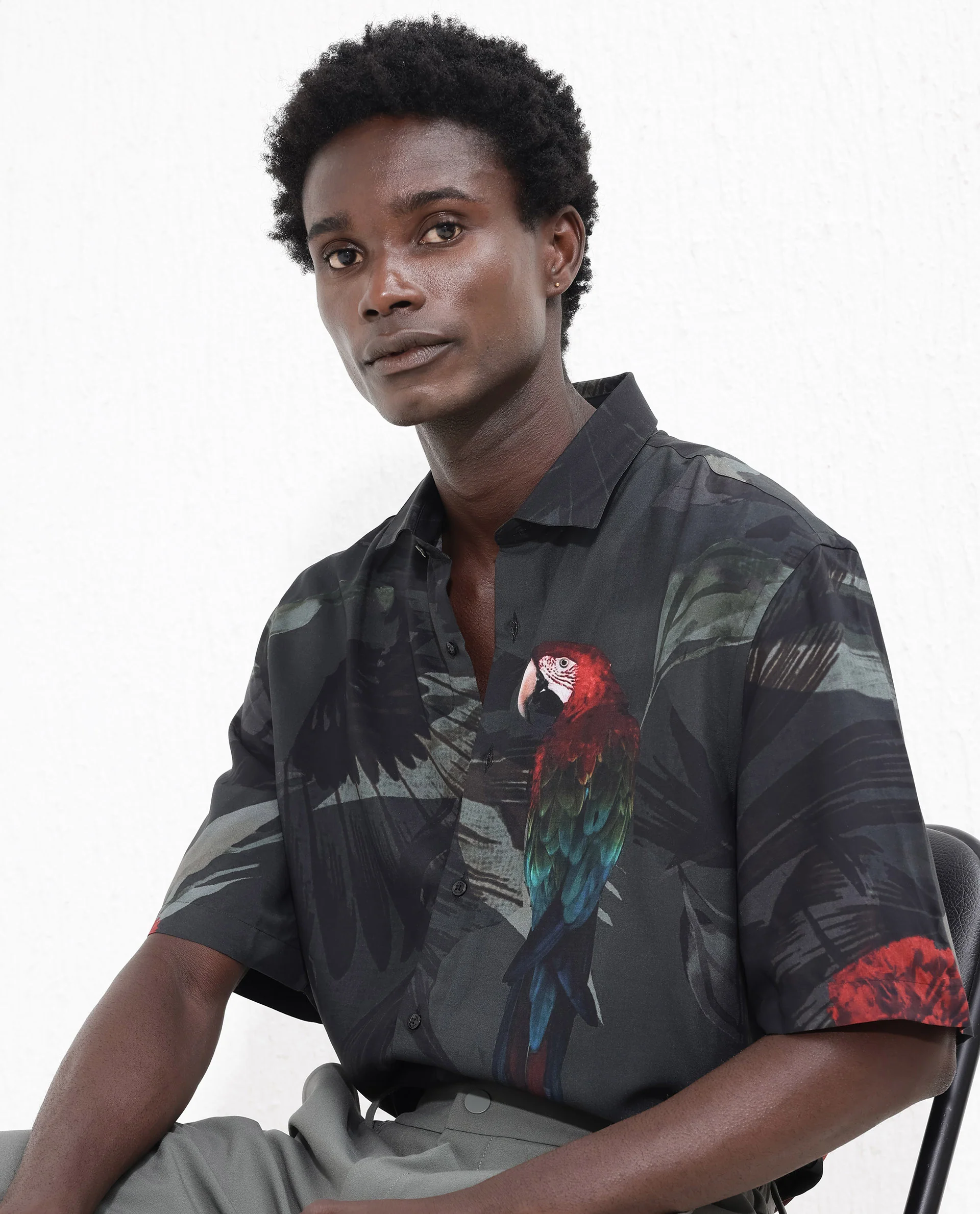Rare Rabbit Men's Parrot Dark Grey Viscose Animal Print Boxy Fit Half Sleeve Collared Shirt - Image 3