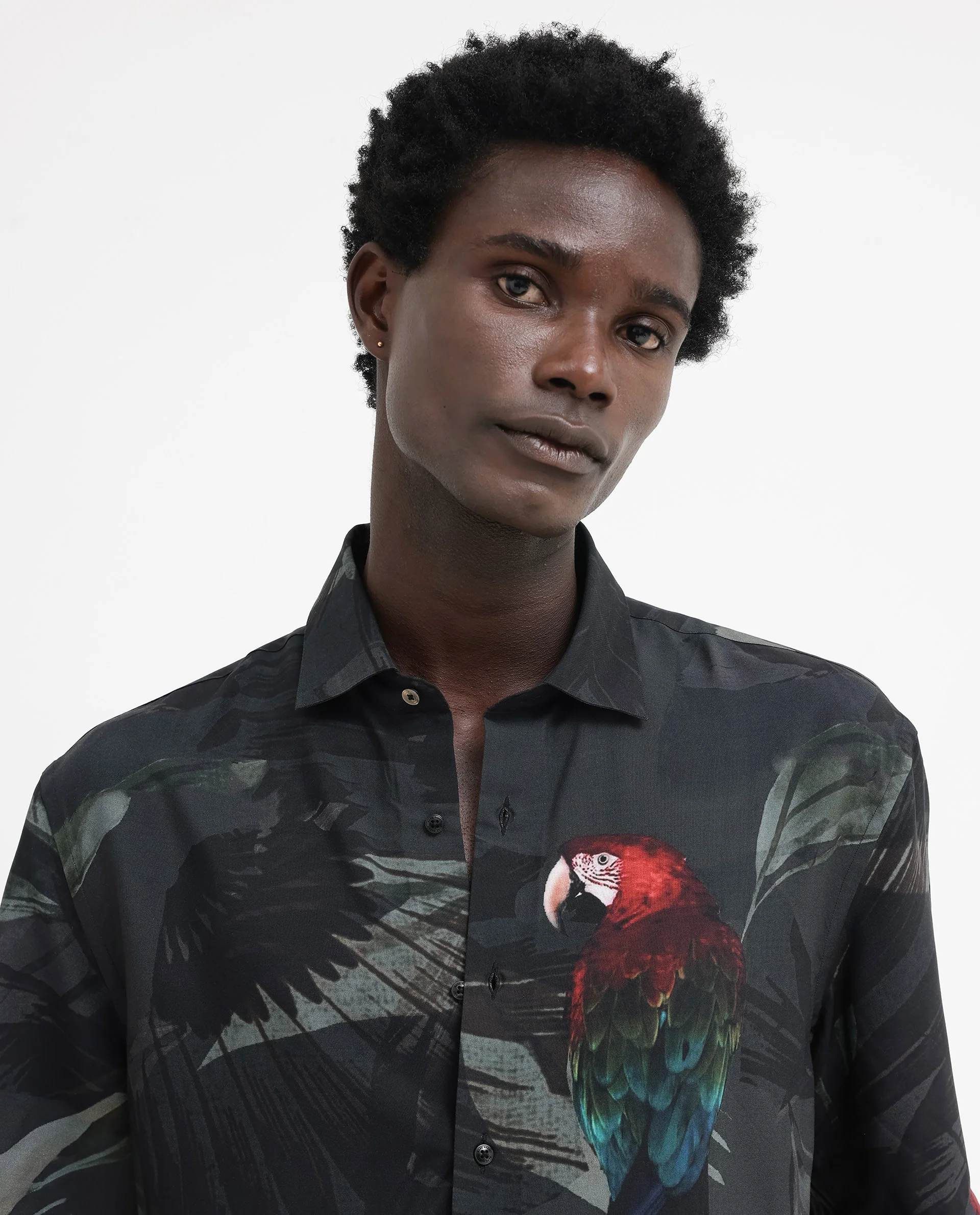 Rare Rabbit Men's Parrot Dark Grey Viscose Animal Print Boxy Fit Half Sleeve Collared Shirt - Image 4