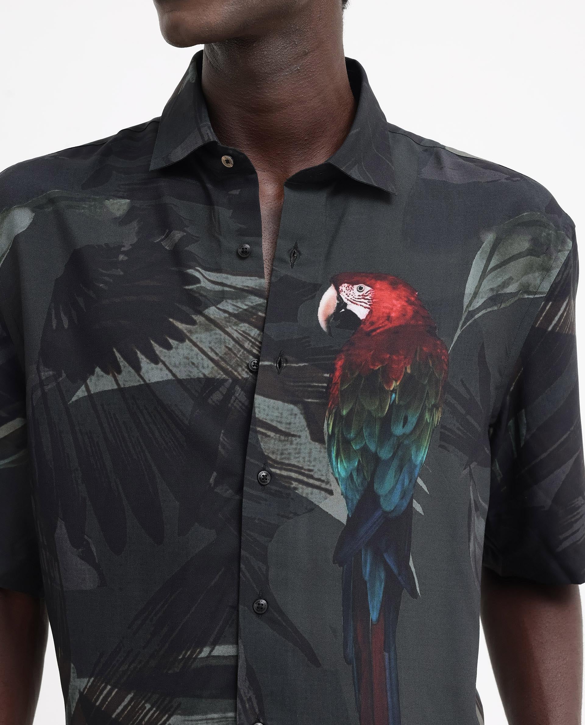 Rare Rabbit Men's Parrot Dark Grey Viscose Animal Print Boxy Fit Half Sleeve Collared Shirt - Image 5