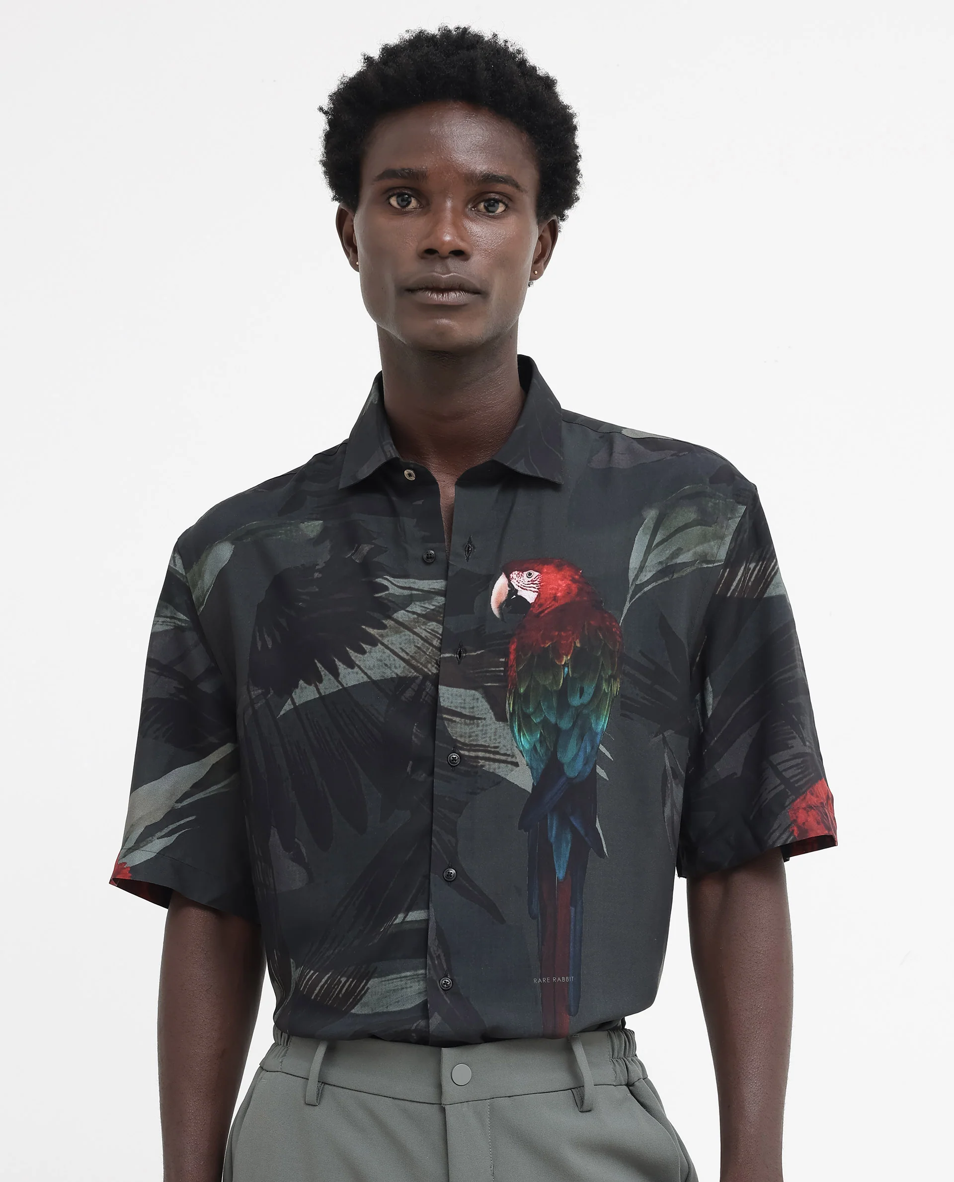 Rare Rabbit Men's Parrot Dark Grey Viscose Animal Print Boxy Fit Half Sleeve Collared Shirt - Image 6