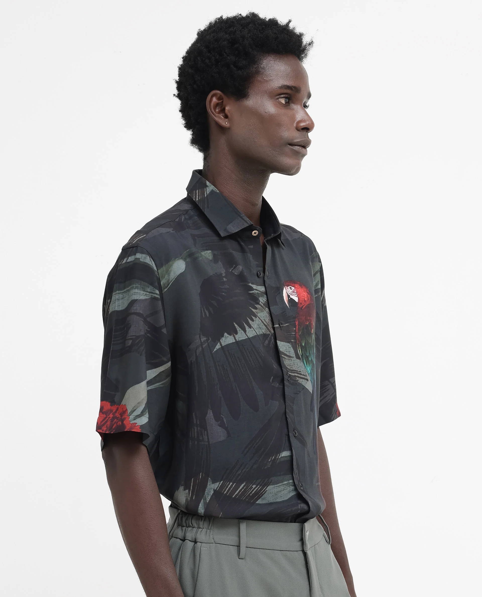 Rare Rabbit Men's Parrot Dark Grey Viscose Animal Print Boxy Fit Half Sleeve Collared Shirt - Image 7