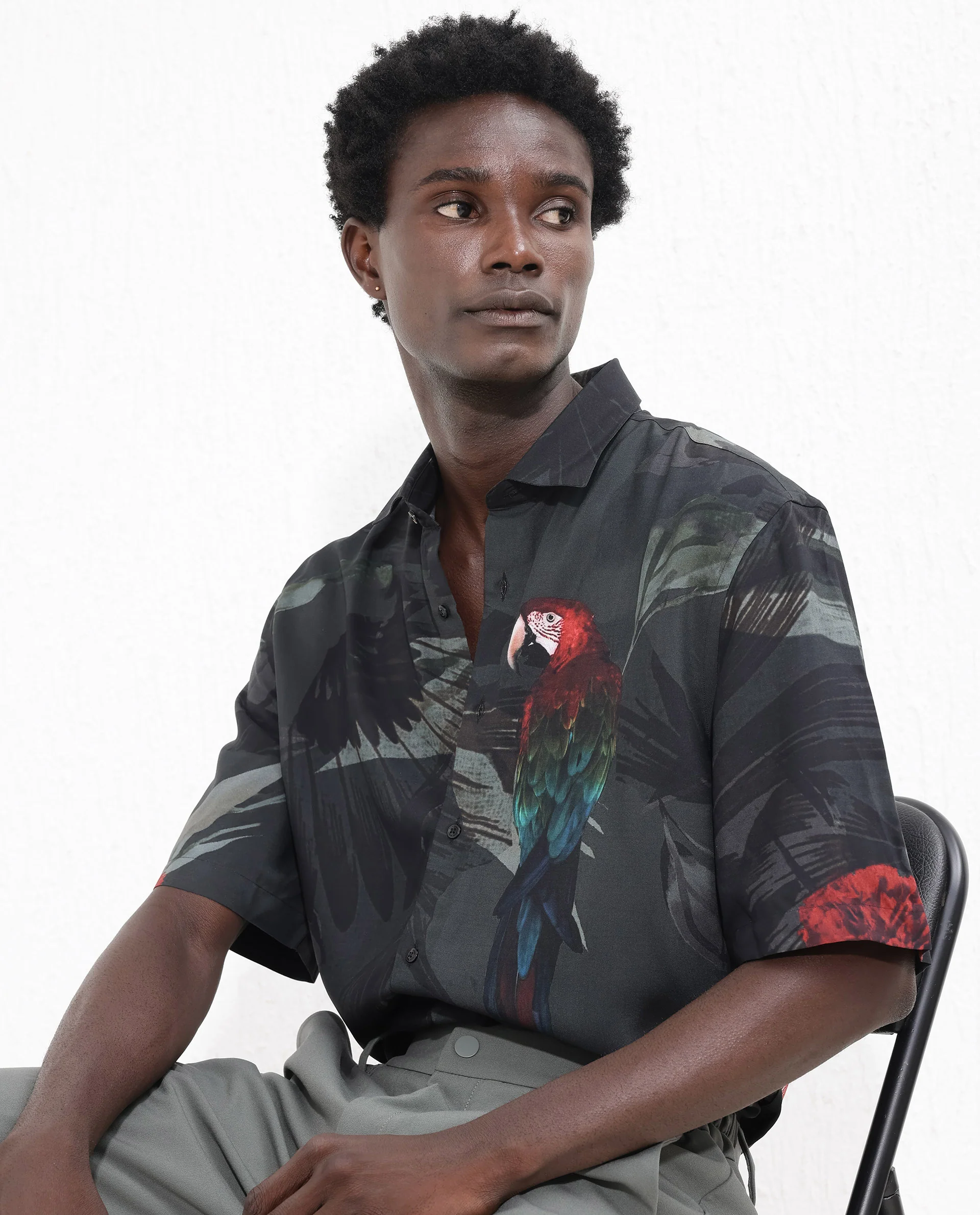 Rare Rabbit Men's Parrot Dark Grey Viscose Animal Print Boxy Fit Half Sleeve Collared Shirt - Image 9
