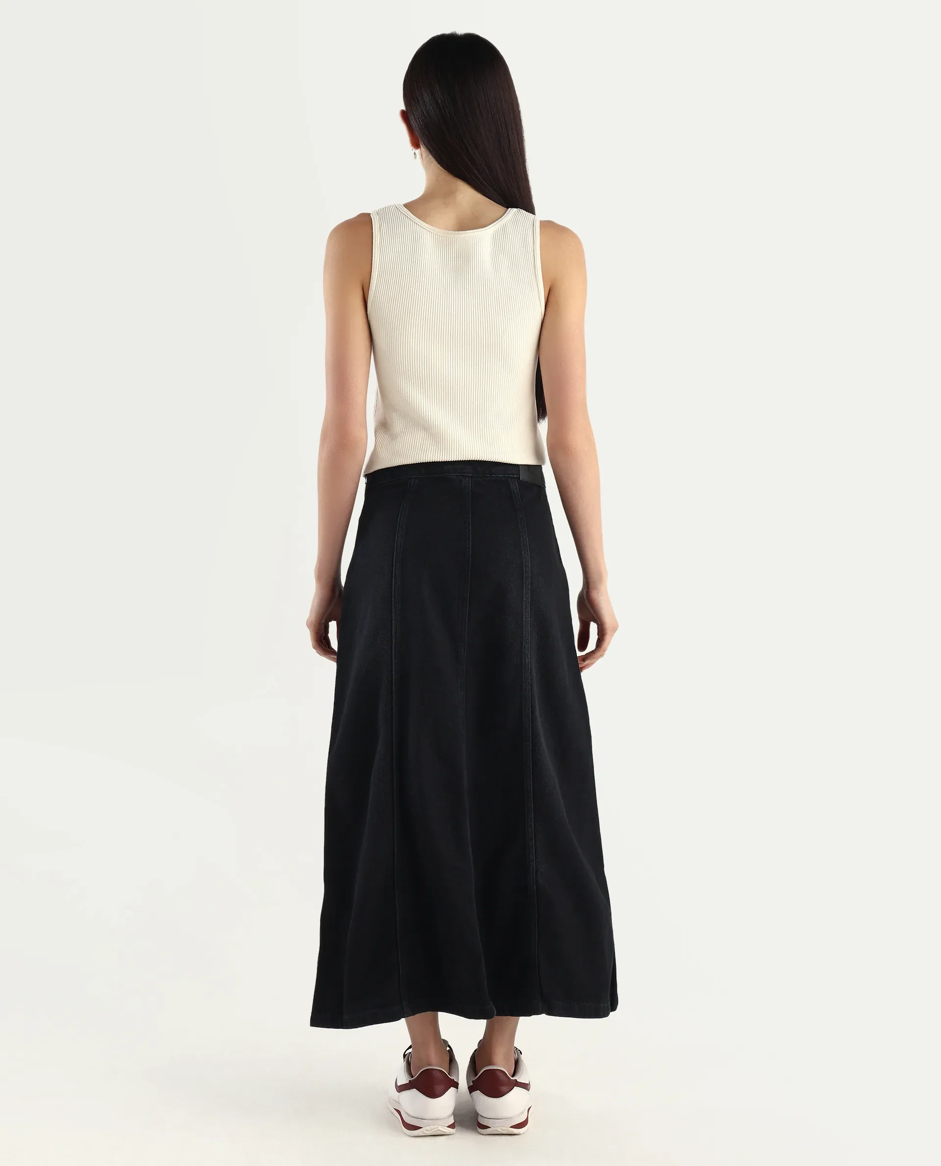 Rareism Women's Parrow Black Cotton Plain Midi Flared Skirt - Image 8