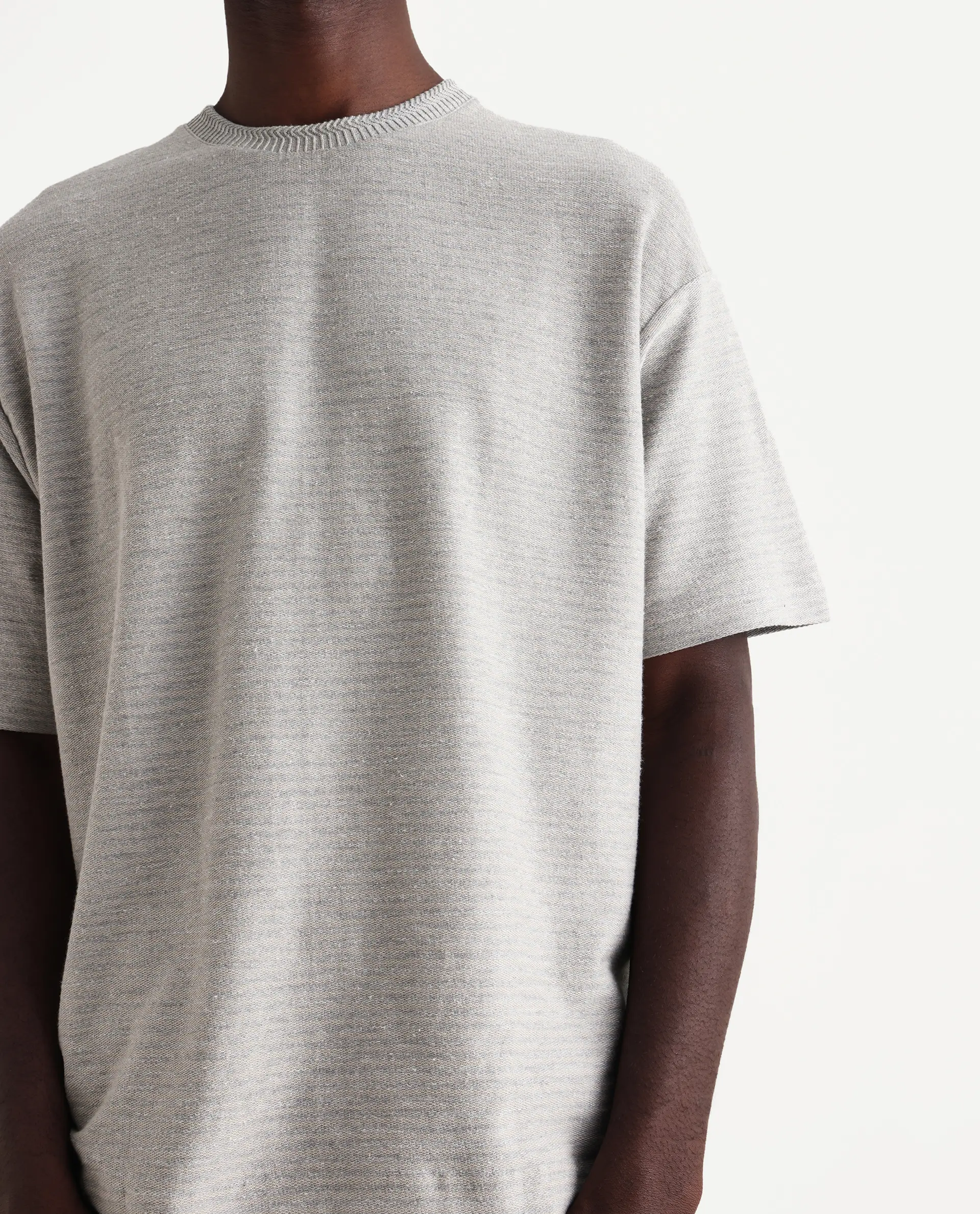 Rare Rabbit Men's Pasco Melange Grey Cotton Striped Print Oversized Fit Half Sleeve Crew Neck T-Shirt - Image 3