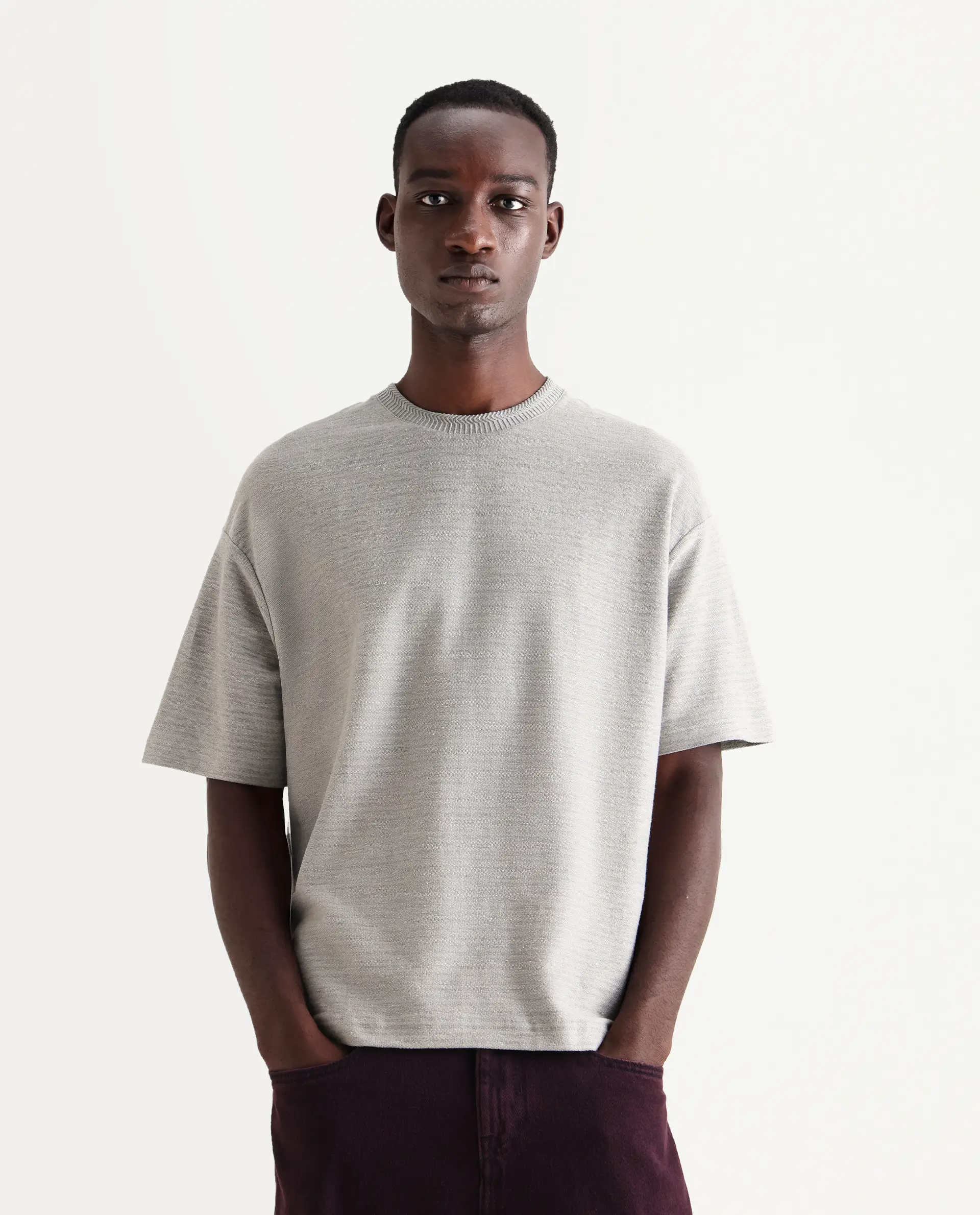 Rare Rabbit Men's Pasco Melange Grey Cotton Striped Print Oversized Fit Half Sleeve Crew Neck T-Shirt - Image 4