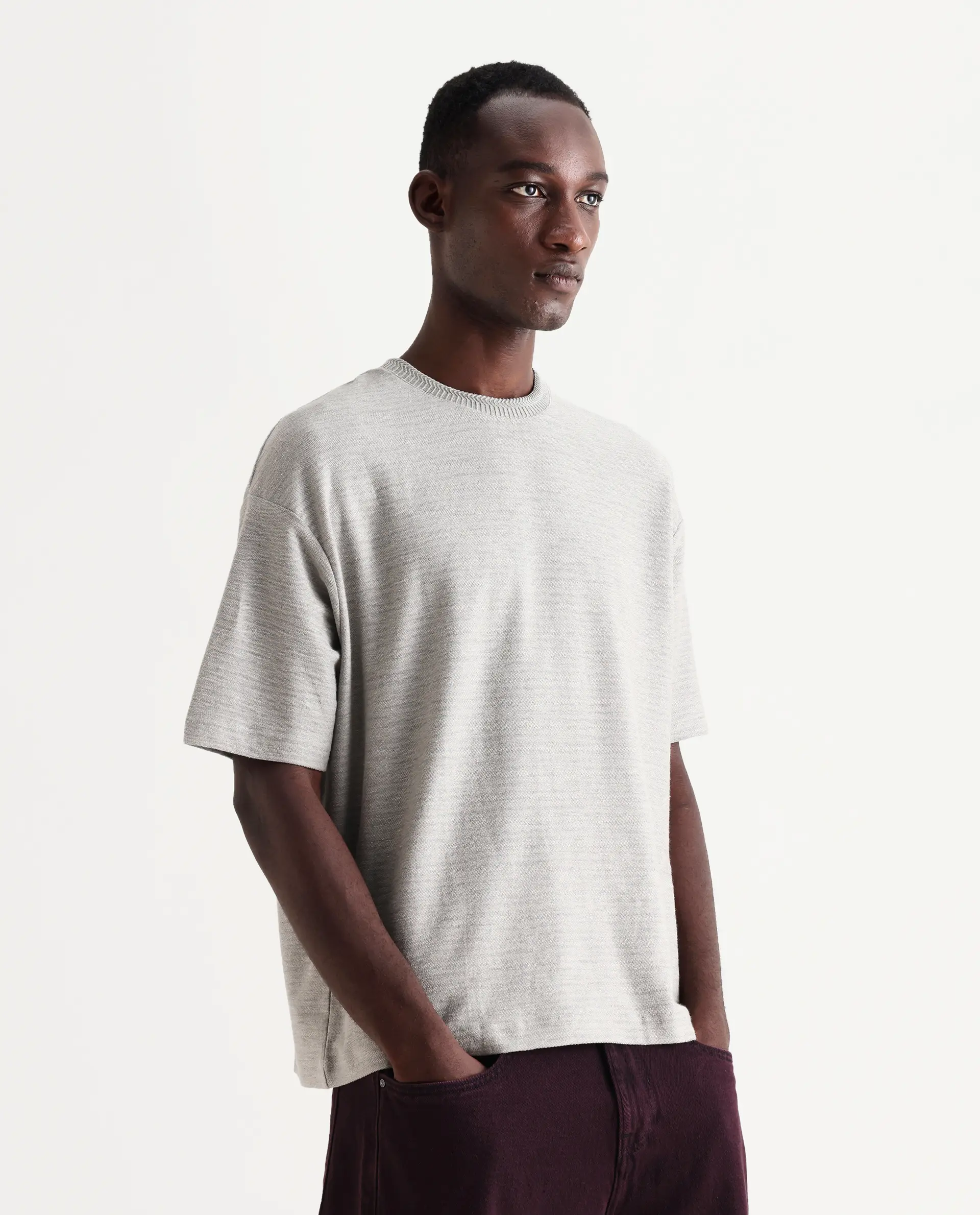 Rare Rabbit Men's Pasco Melange Grey Cotton Striped Print Oversized Fit Half Sleeve Crew Neck T-Shirt - Image 5