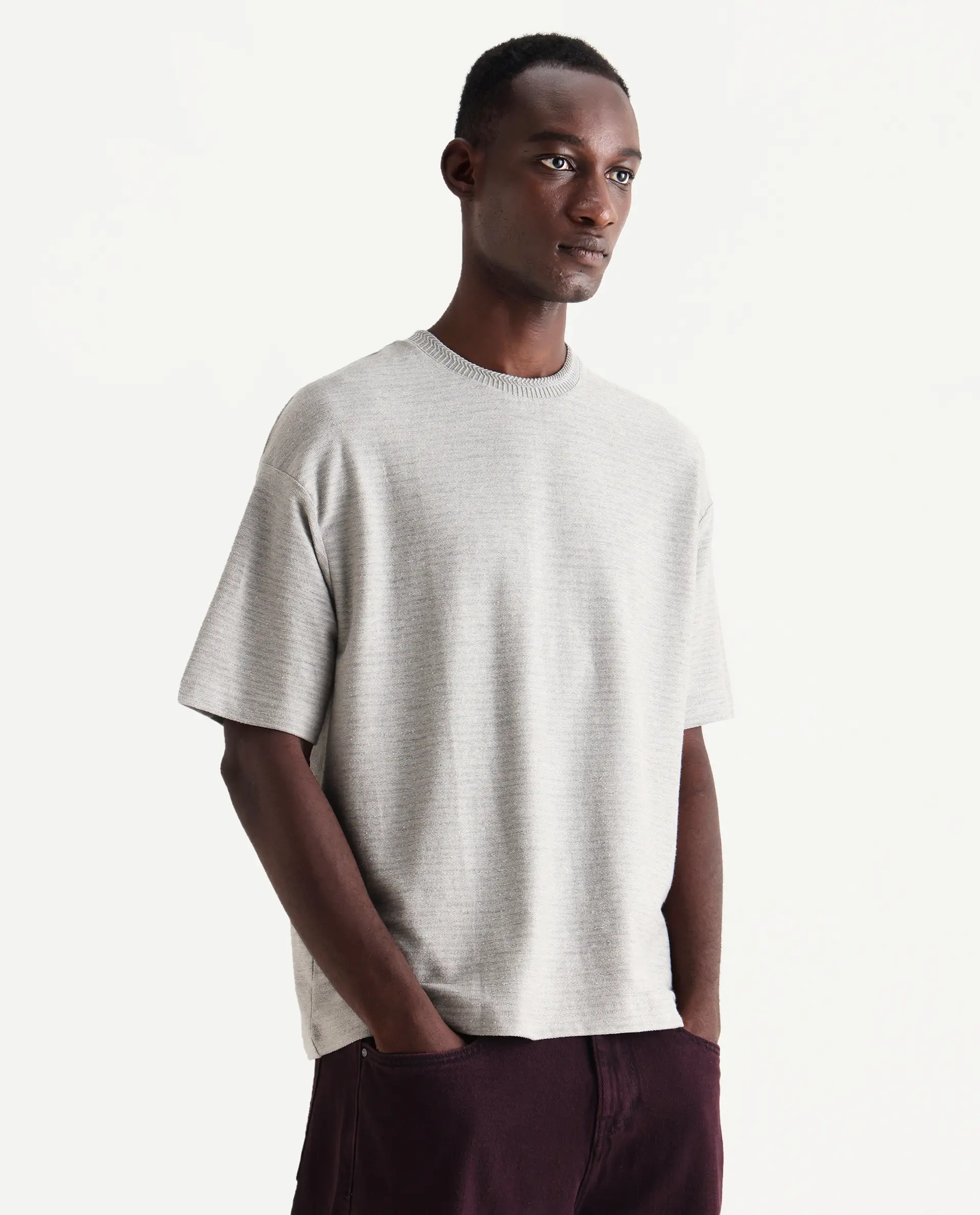Rare Rabbit Men's Pasco Melange Grey Cotton Striped Print Oversized Fit Half Sleeve Crew Neck T-Shirt - Image 6