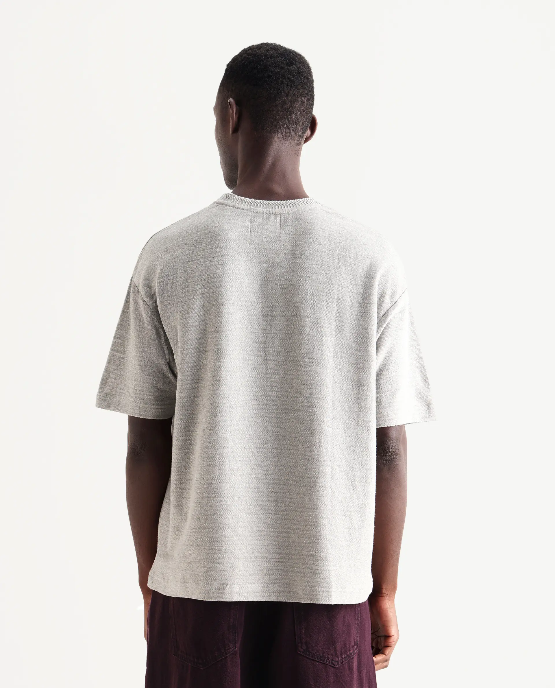 Rare Rabbit Men's Pasco Melange Grey Cotton Striped Print Oversized Fit Half Sleeve Crew Neck T-Shirt - Image 7