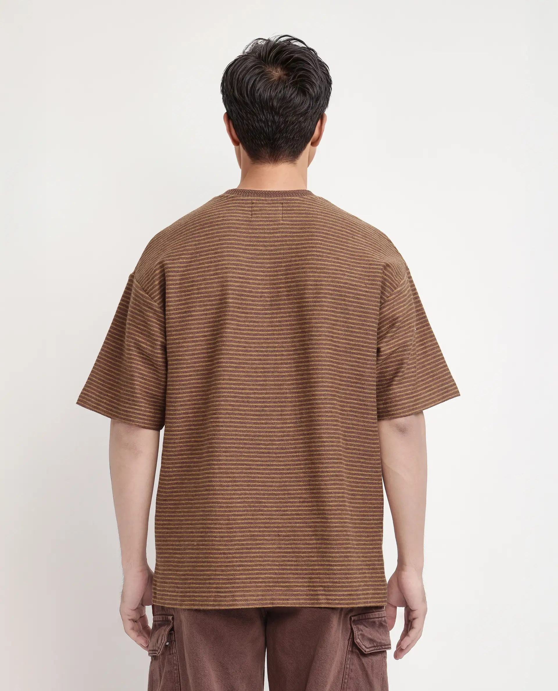 Rare Rabbit Men's Pasco Melange Rust Cotton Striped Print Oversized Fit Half Sleeve Crew Neck T-Shirt - Image 2