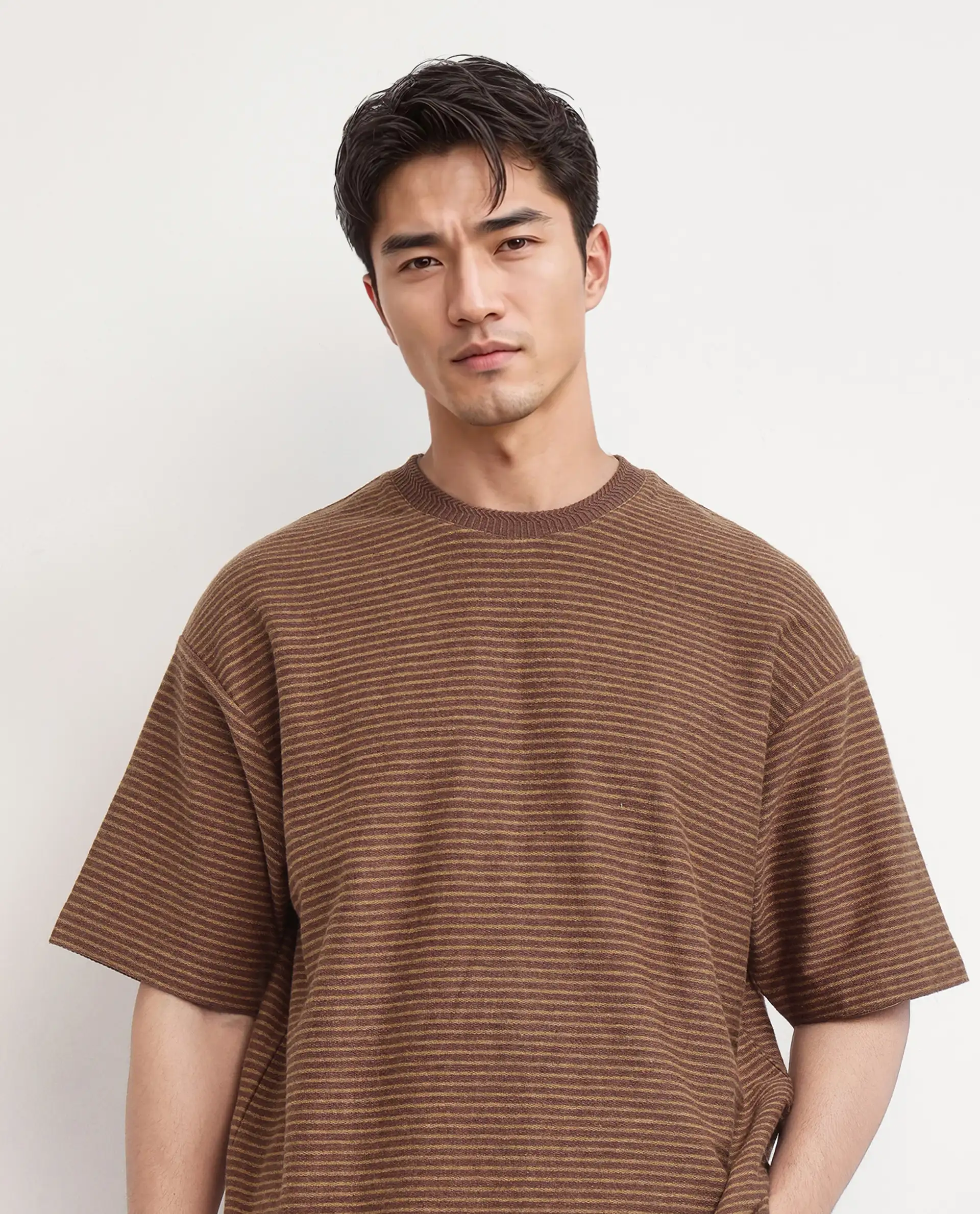 Rare Rabbit Men's Pasco Melange Rust Cotton Striped Print Oversized Fit Half Sleeve Crew Neck T-Shirt - Image 3