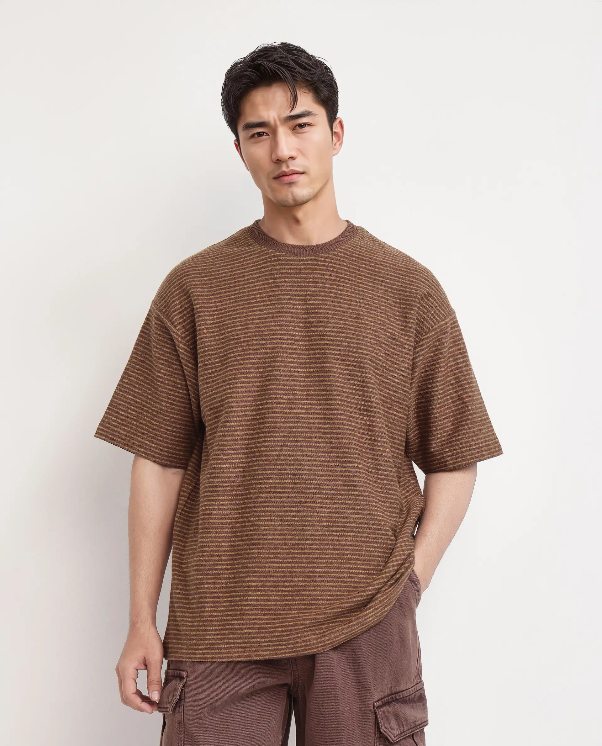 Rare Rabbit Men's Pasco Melange Rust Cotton Striped Print Oversized Fit Half Sleeve Crew Neck T-Shirt - Image 4