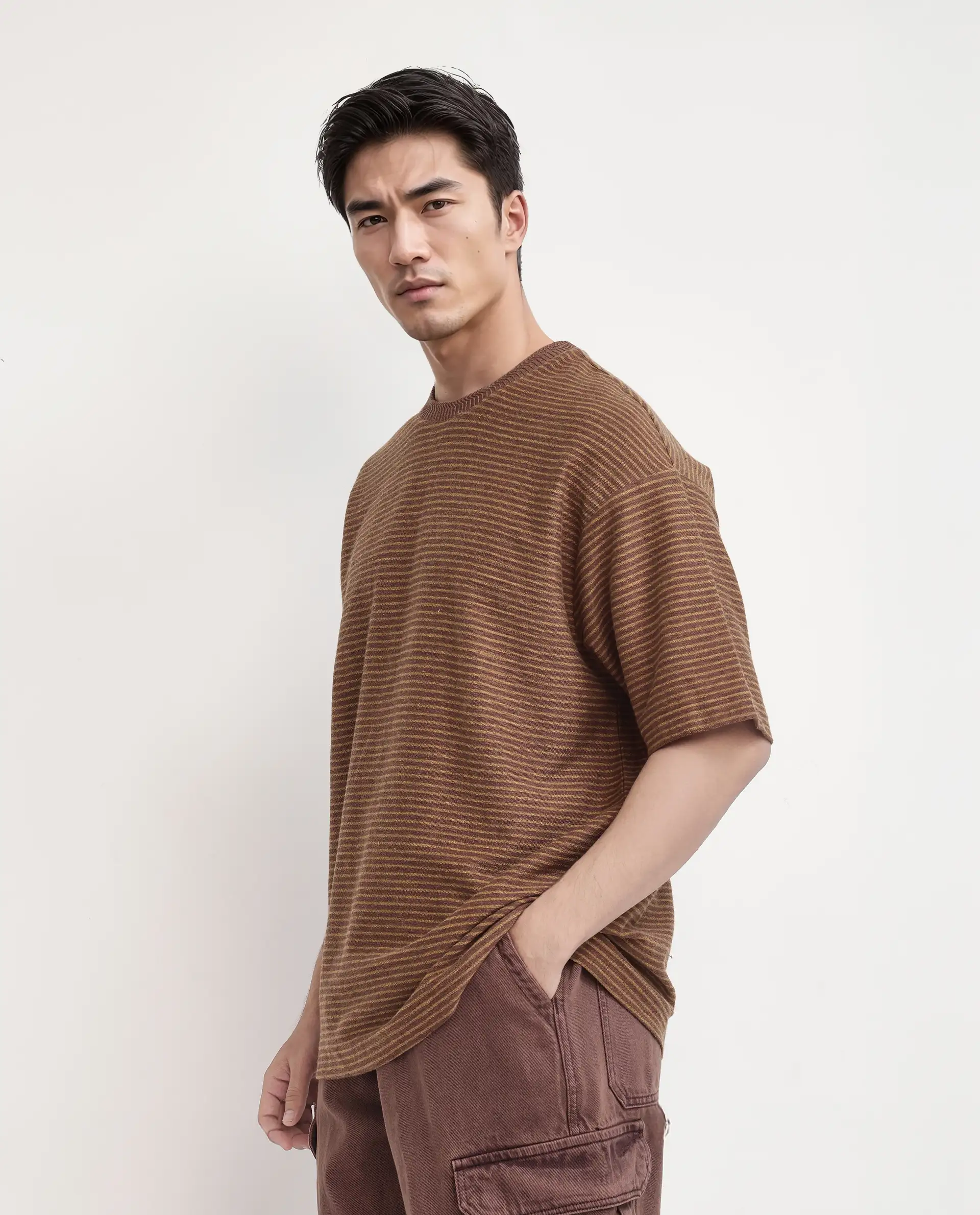 Rare Rabbit Men's Pasco Melange Rust Cotton Striped Print Oversized Fit Half Sleeve Crew Neck T-Shirt - Image 5