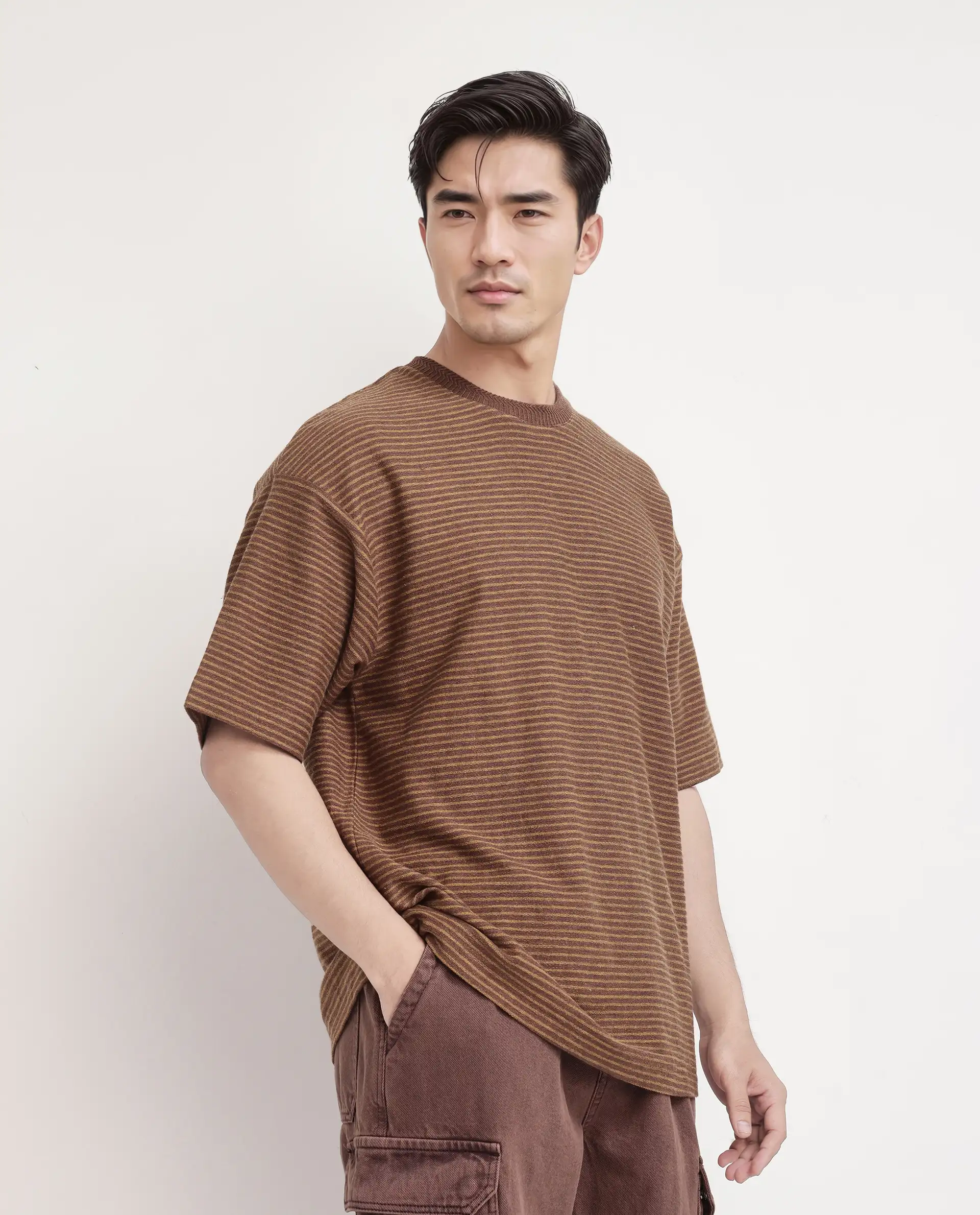 Rare Rabbit Men's Pasco Melange Rust Cotton Striped Print Oversized Fit Half Sleeve Crew Neck T-Shirt - Image 6