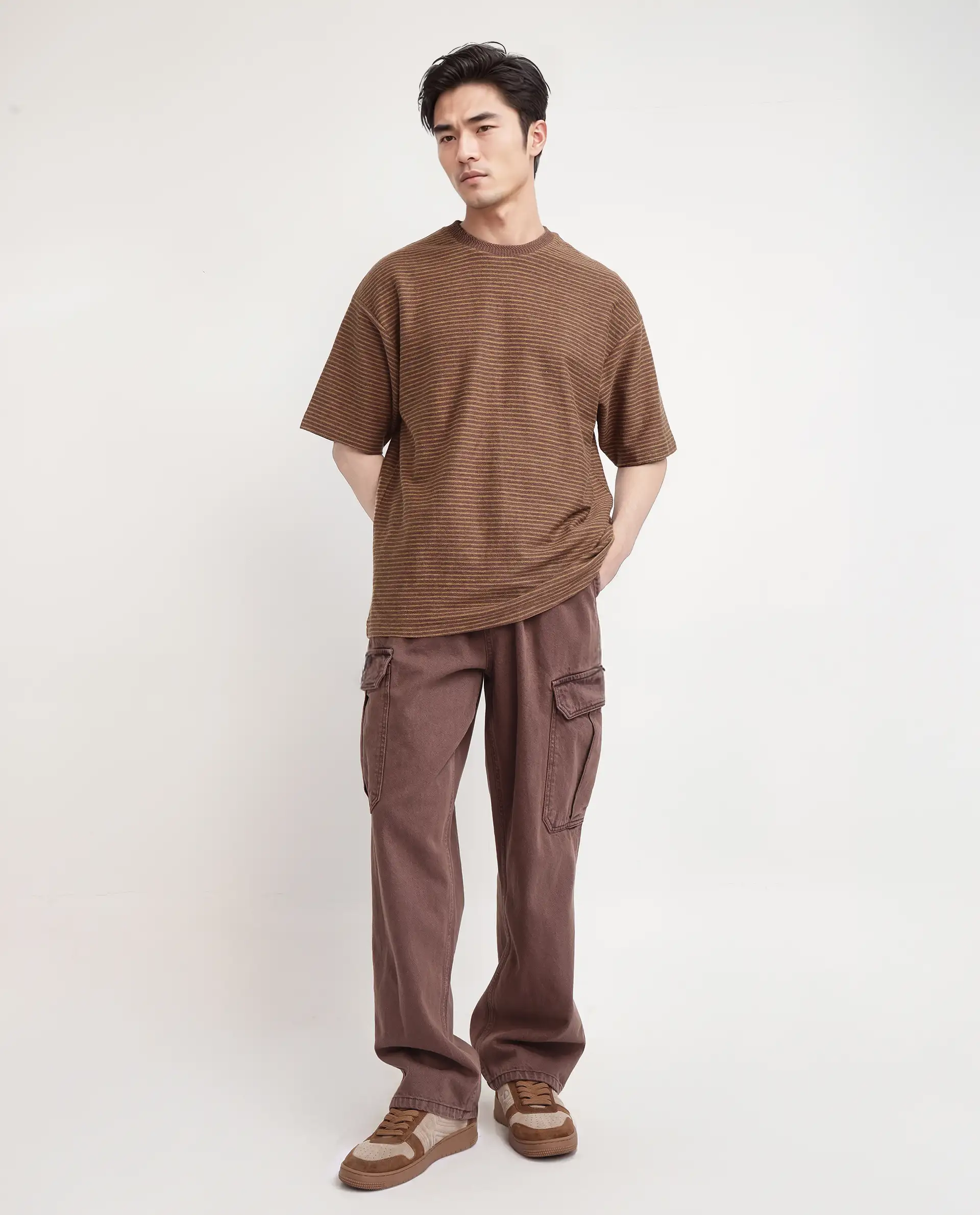 Rare Rabbit Men's Pasco Melange Rust Cotton Striped Print Oversized Fit Half Sleeve Crew Neck T-Shirt - Image 8