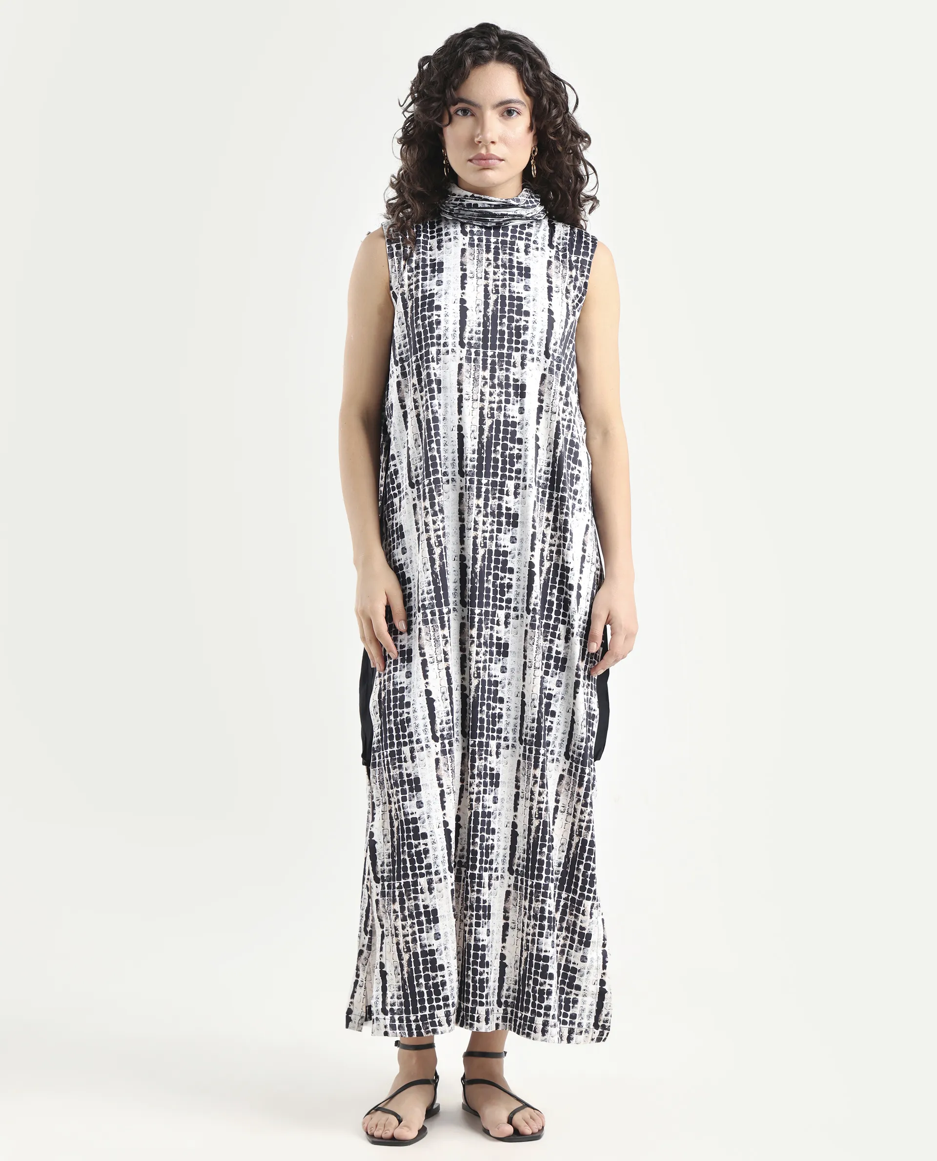 Rareism Women's Pash Black Modal Blend High Neck Abstract Print Sleeveless Maxi Regular Fit Dress - Image 2