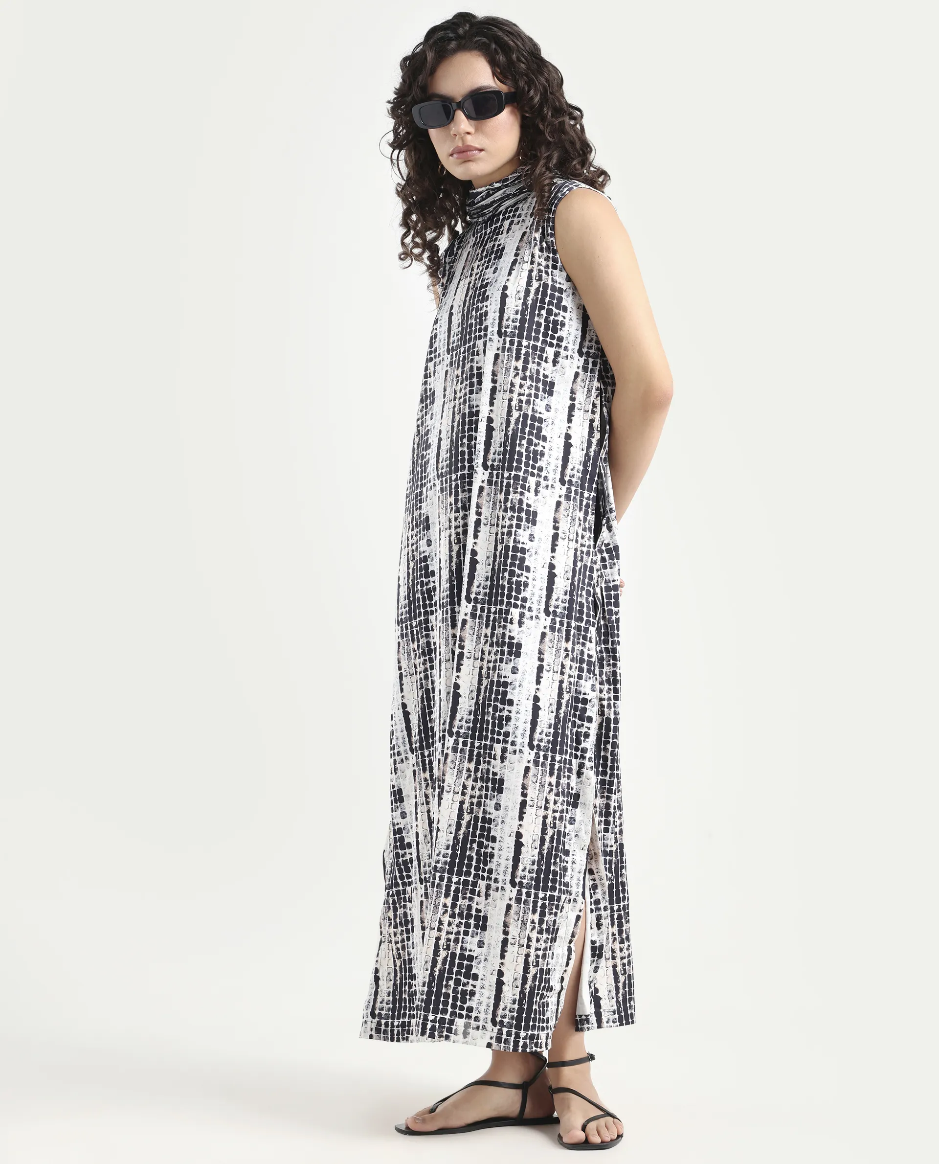 Rareism Women's Pash Black Modal Blend High Neck Abstract Print Sleeveless Maxi Regular Fit Dress - Image 3