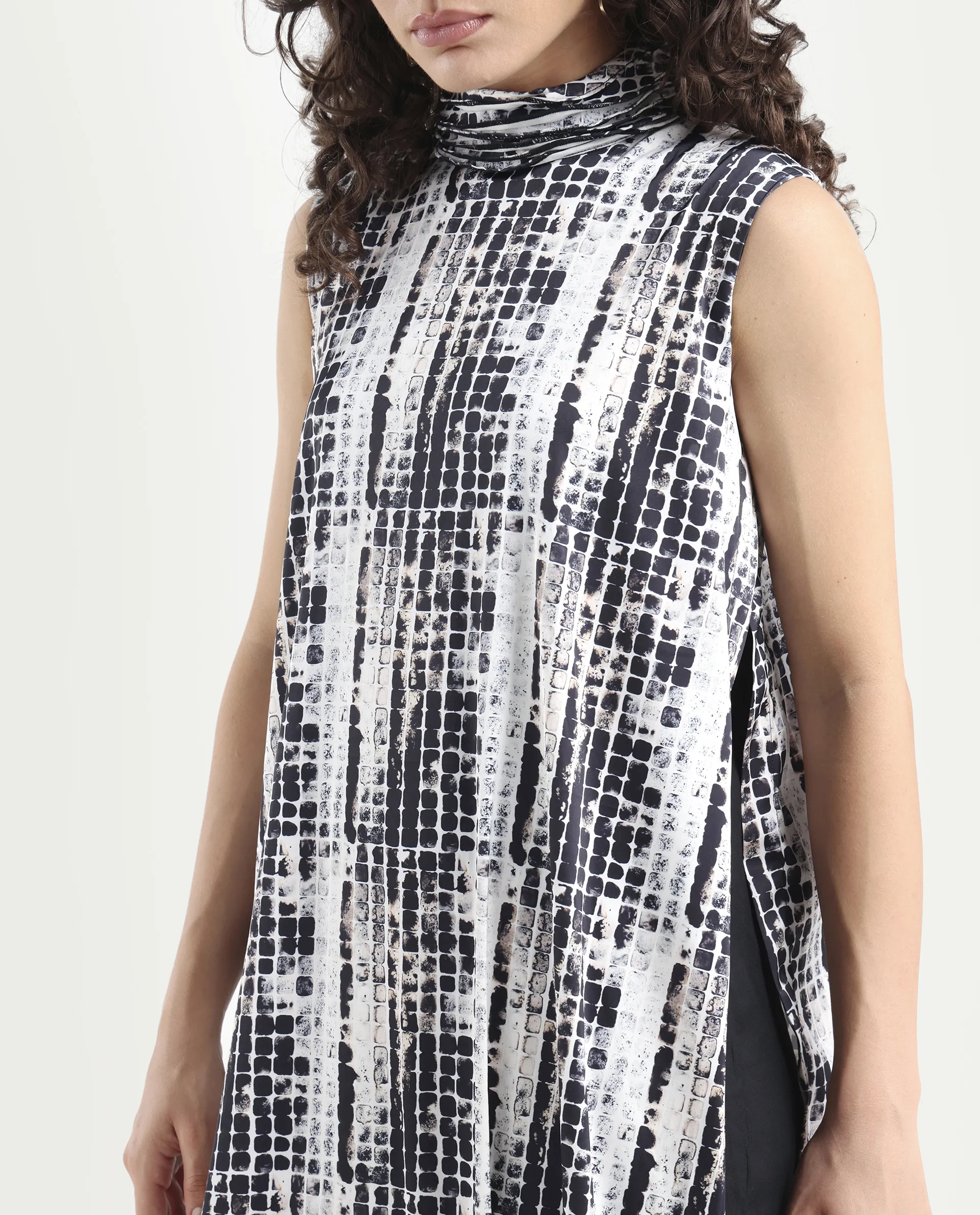 Rareism Women's Pash Black Modal Blend High Neck Abstract Print Sleeveless Maxi Regular Fit Dress - Image 4