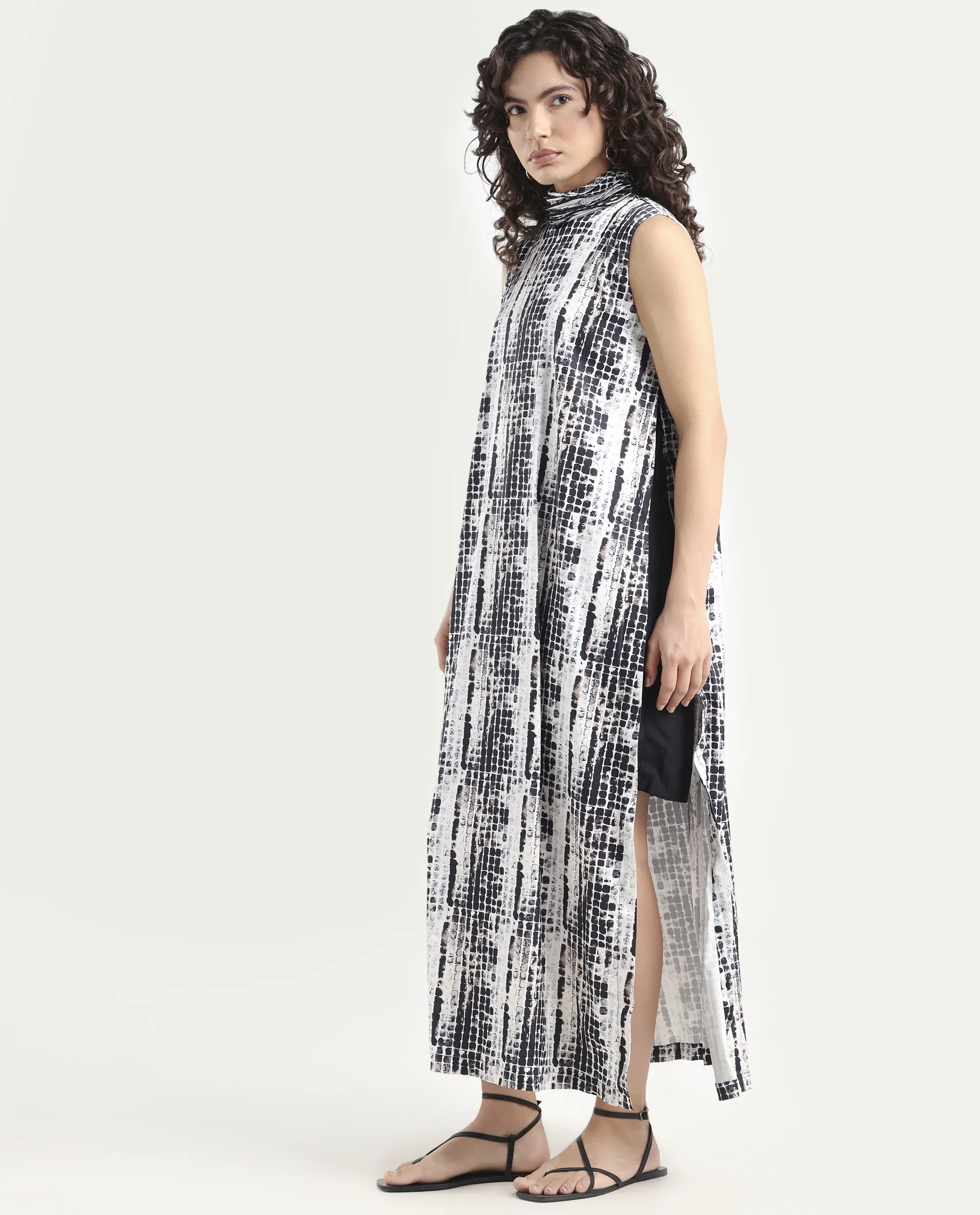 Rareism Women's Pash Black Modal Blend High Neck Abstract Print Sleeveless Maxi Regular Fit Dress - Image 5