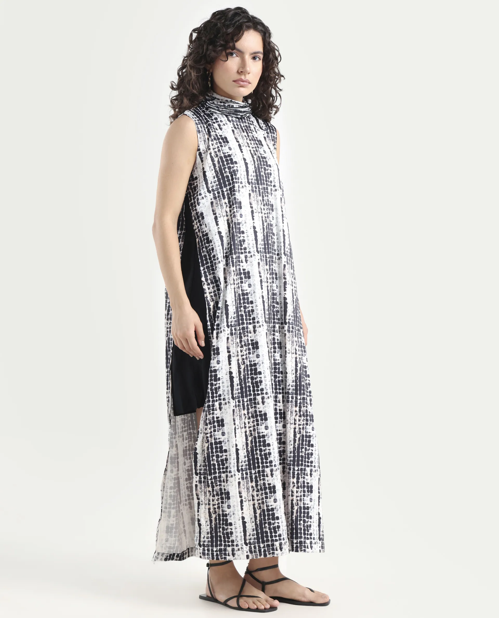 Rareism Women's Pash Black Modal Blend High Neck Abstract Print Sleeveless Maxi Regular Fit Dress - Image 6