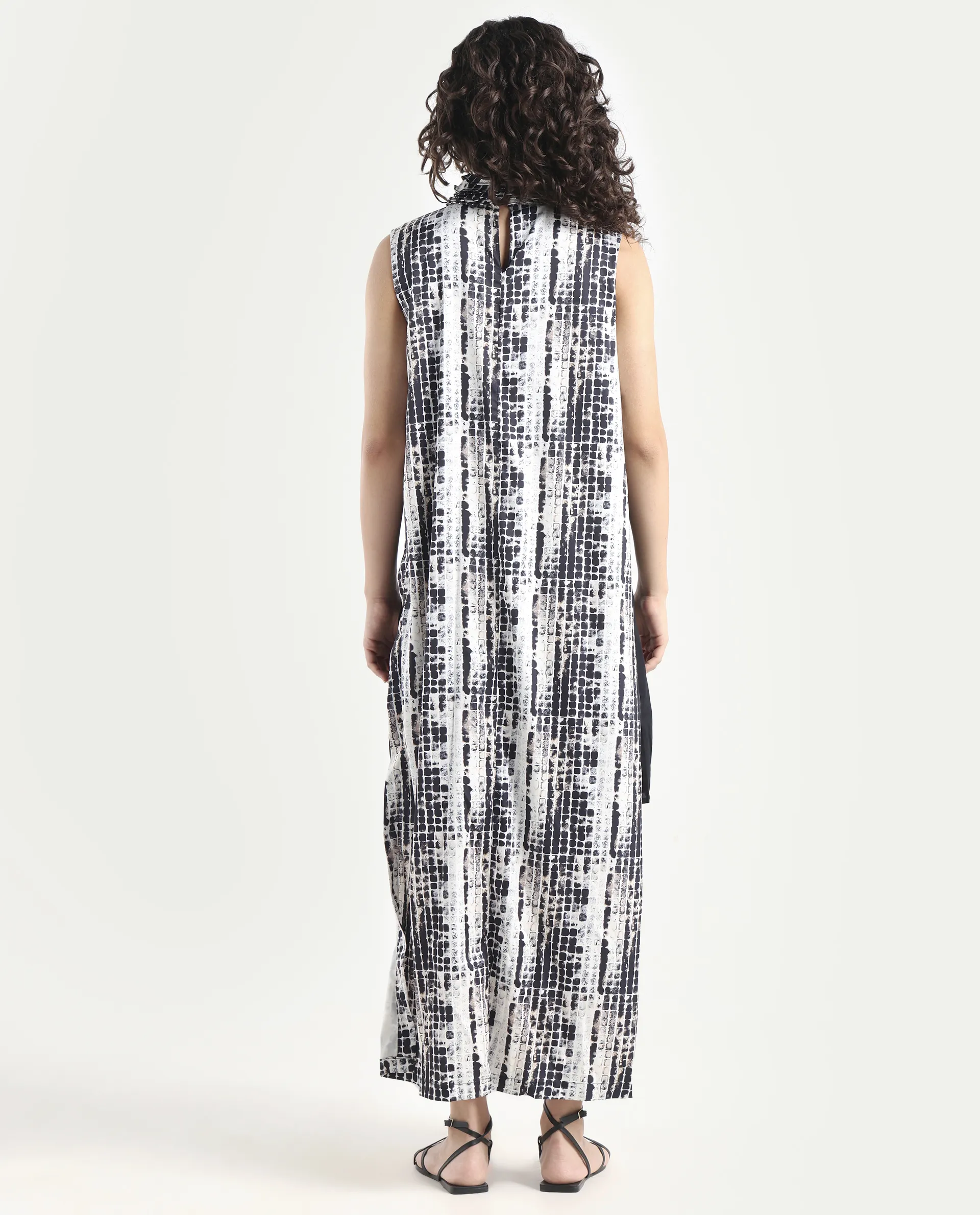 Rareism Women's Pash Black Modal Blend High Neck Abstract Print Sleeveless Maxi Regular Fit Dress - Image 7