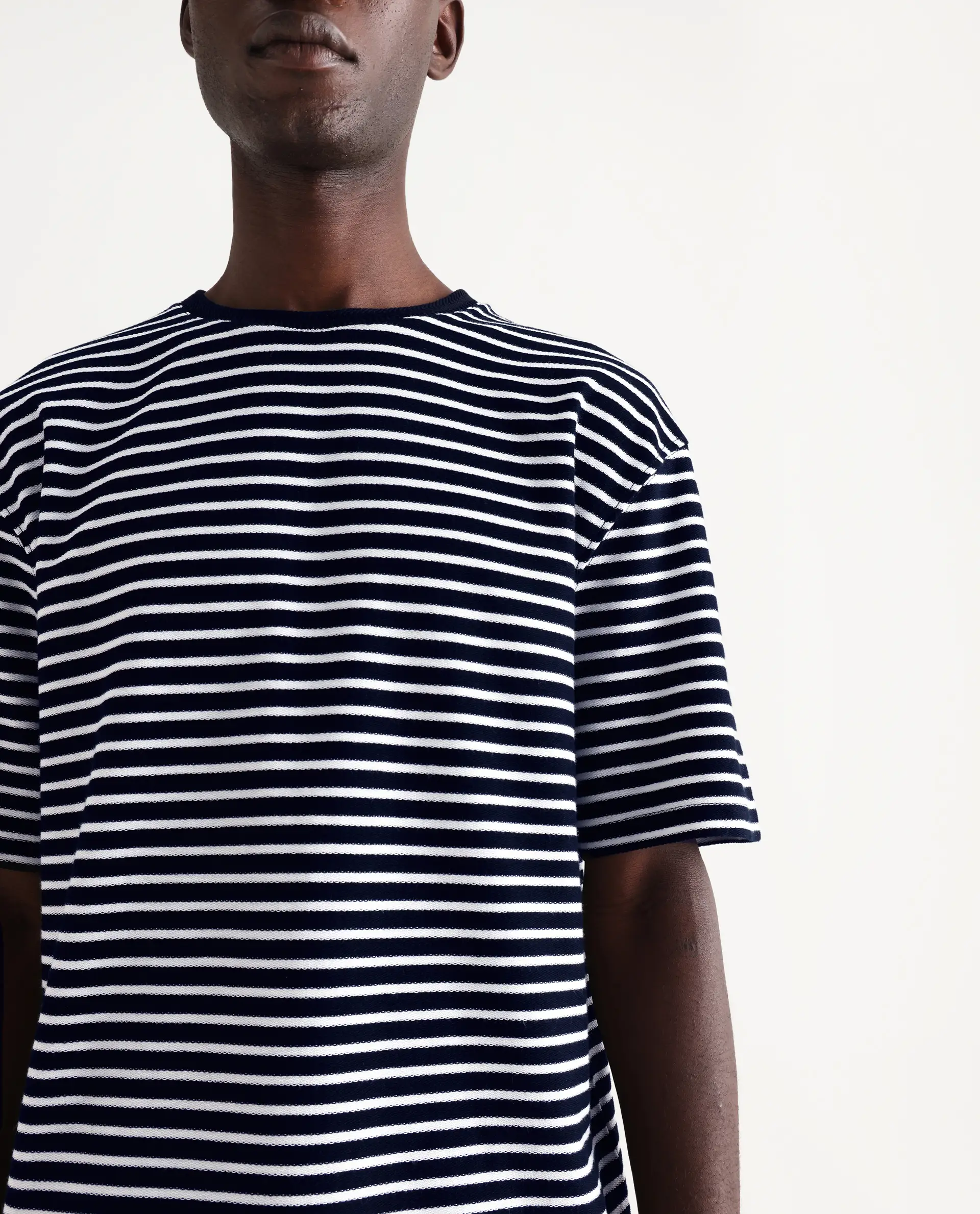 Rare Rabbit Articale Men's Paskot-1 Navy Cotton Fabric Short Sleeve Crew Neck Oversized Fit Narrow Stripes T-Shirt - Image 3
