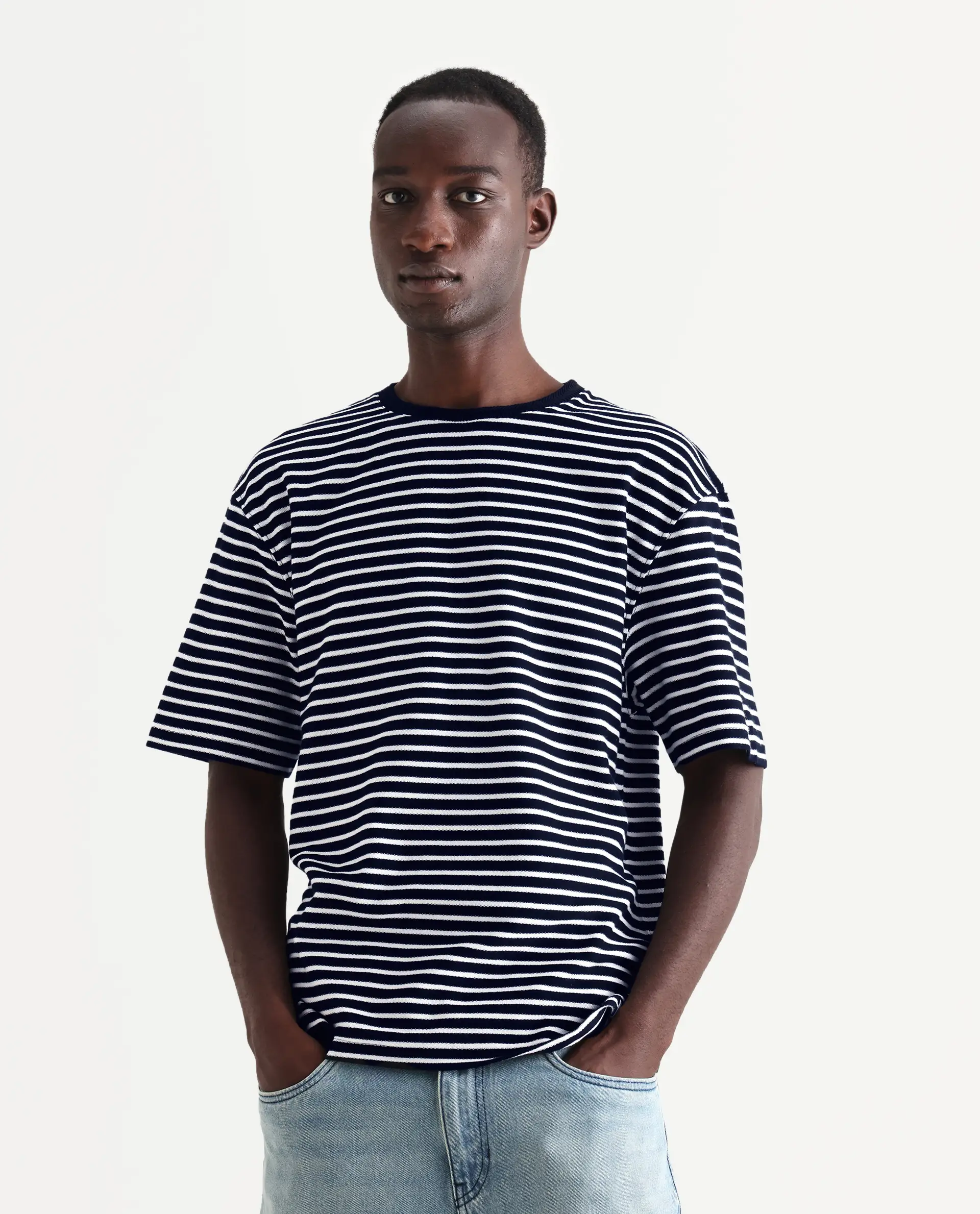Rare Rabbit Articale Men's Paskot-1 Navy Cotton Fabric Short Sleeve Crew Neck Oversized Fit Narrow Stripes T-Shirt - Image 4