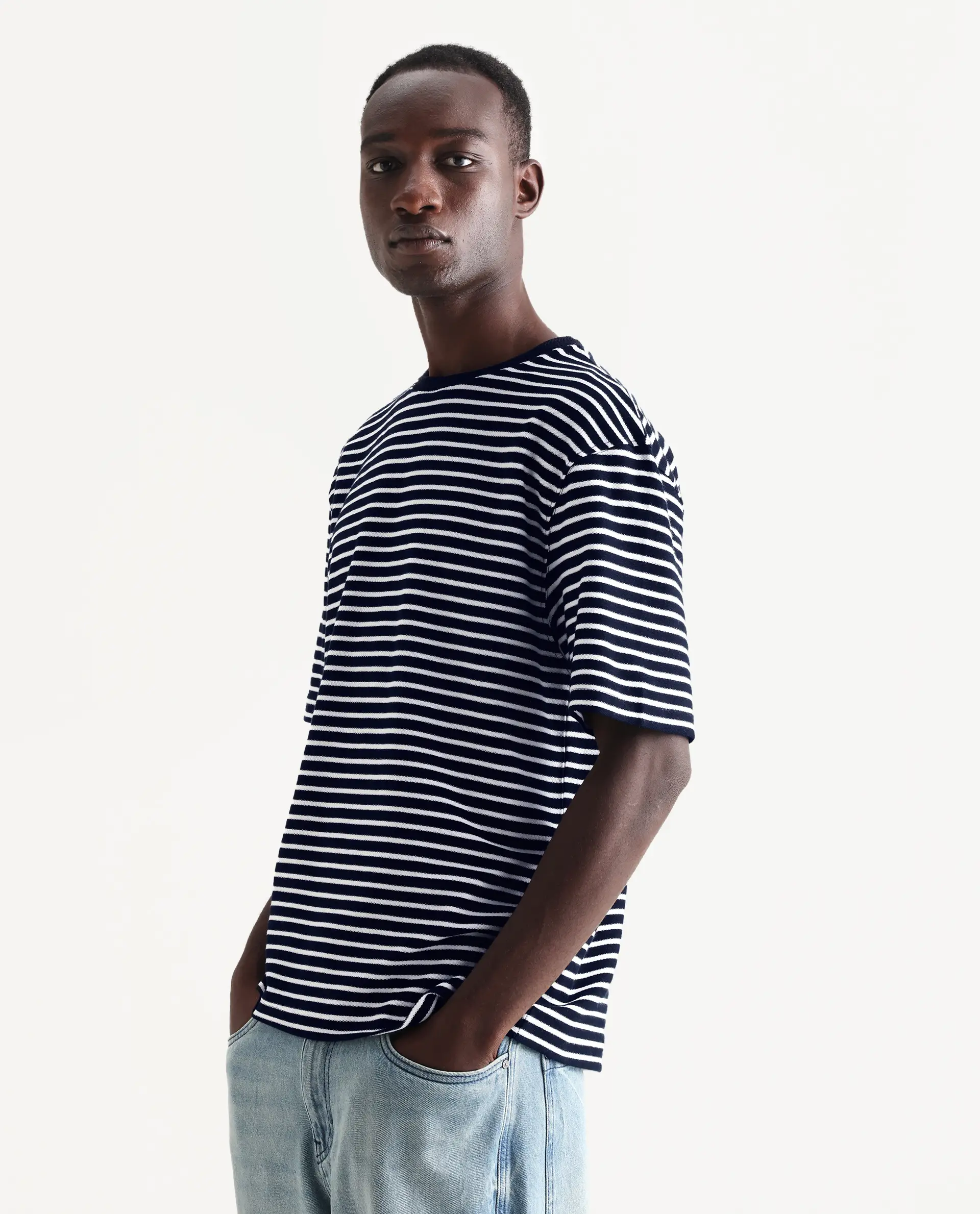 Rare Rabbit Articale Men's Paskot-1 Navy Cotton Fabric Short Sleeve Crew Neck Oversized Fit Narrow Stripes T-Shirt - Image 5