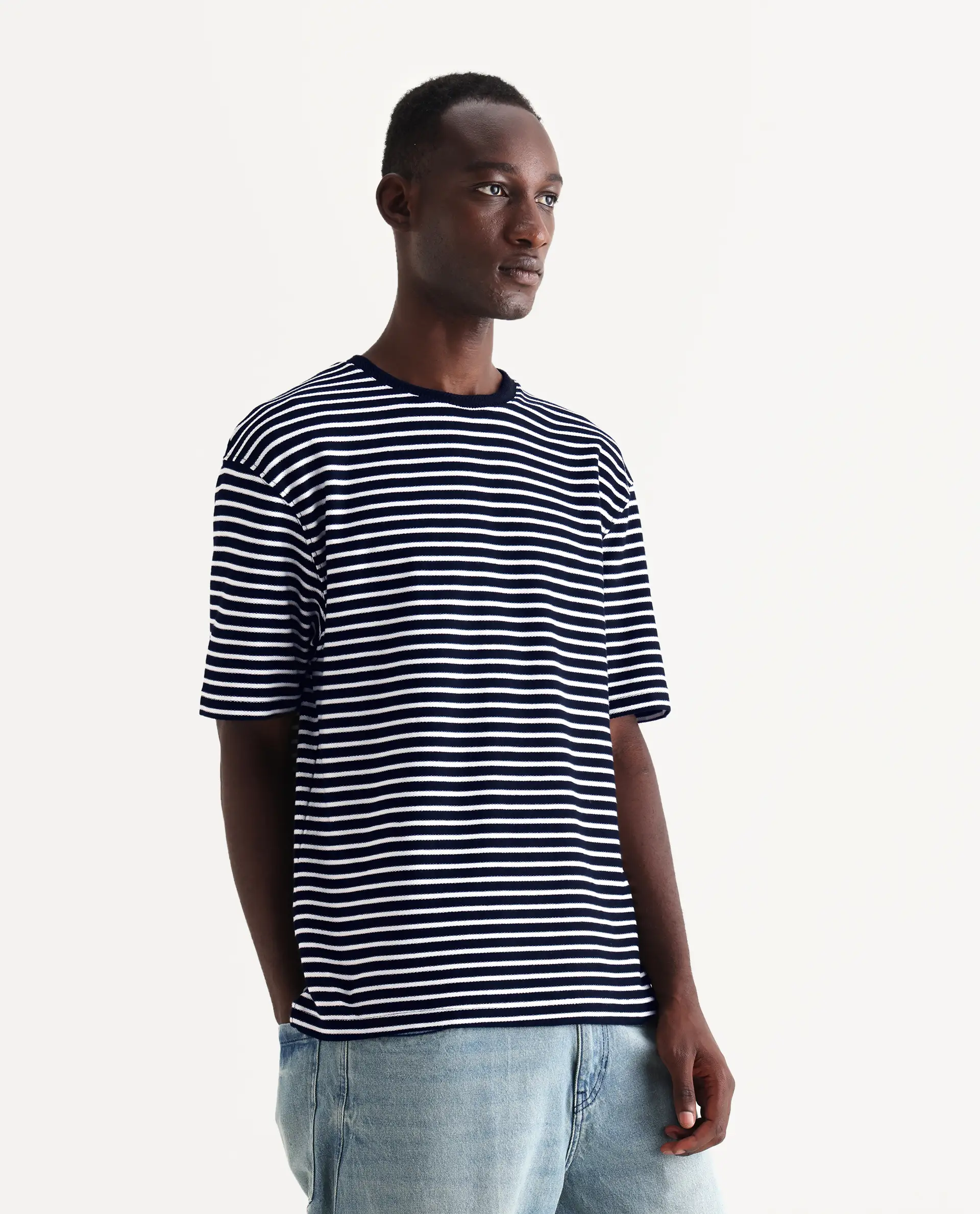 Rare Rabbit Articale Men's Paskot-1 Navy Cotton Fabric Short Sleeve Crew Neck Oversized Fit Narrow Stripes T-Shirt - Image 6