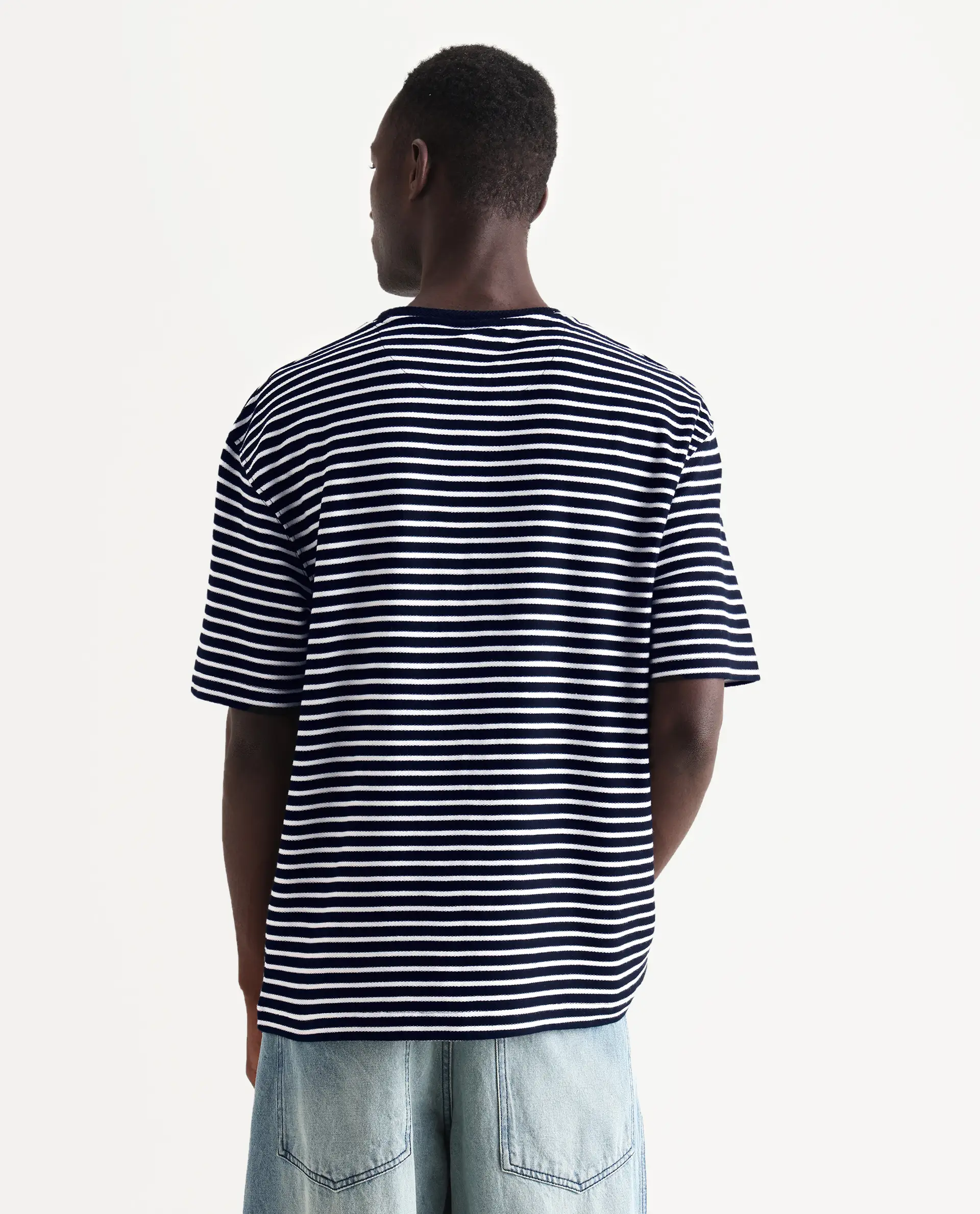Rare Rabbit Articale Men's Paskot-1 Navy Cotton Fabric Short Sleeve Crew Neck Oversized Fit Narrow Stripes T-Shirt - Image 7