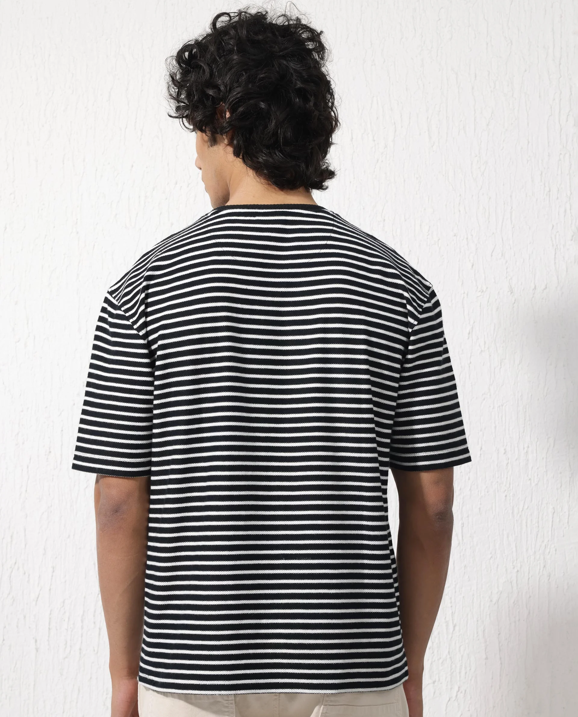 Rare Rabbit Men's Paskot Navy Cotton Striped Print Oversized Fit Half Sleeve Crew Neck T-Shirt - Image 10