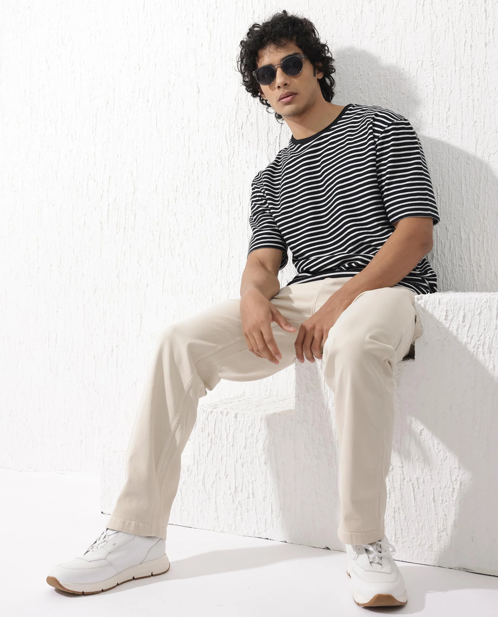 Rare Rabbit Men's Paskot Navy Cotton Striped Print Oversized Fit Half Sleeve Crew Neck T-Shirt - Image 2