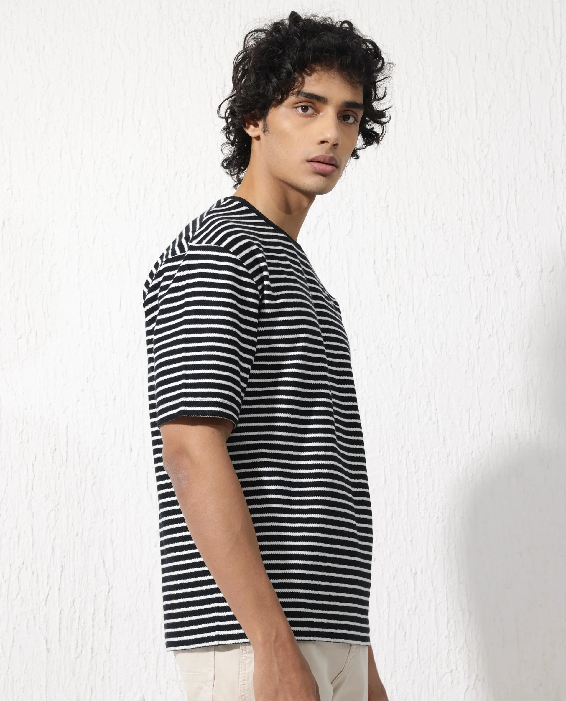 Rare Rabbit Men's Paskot Navy Cotton Striped Print Oversized Fit Half Sleeve Crew Neck T-Shirt - Image 3