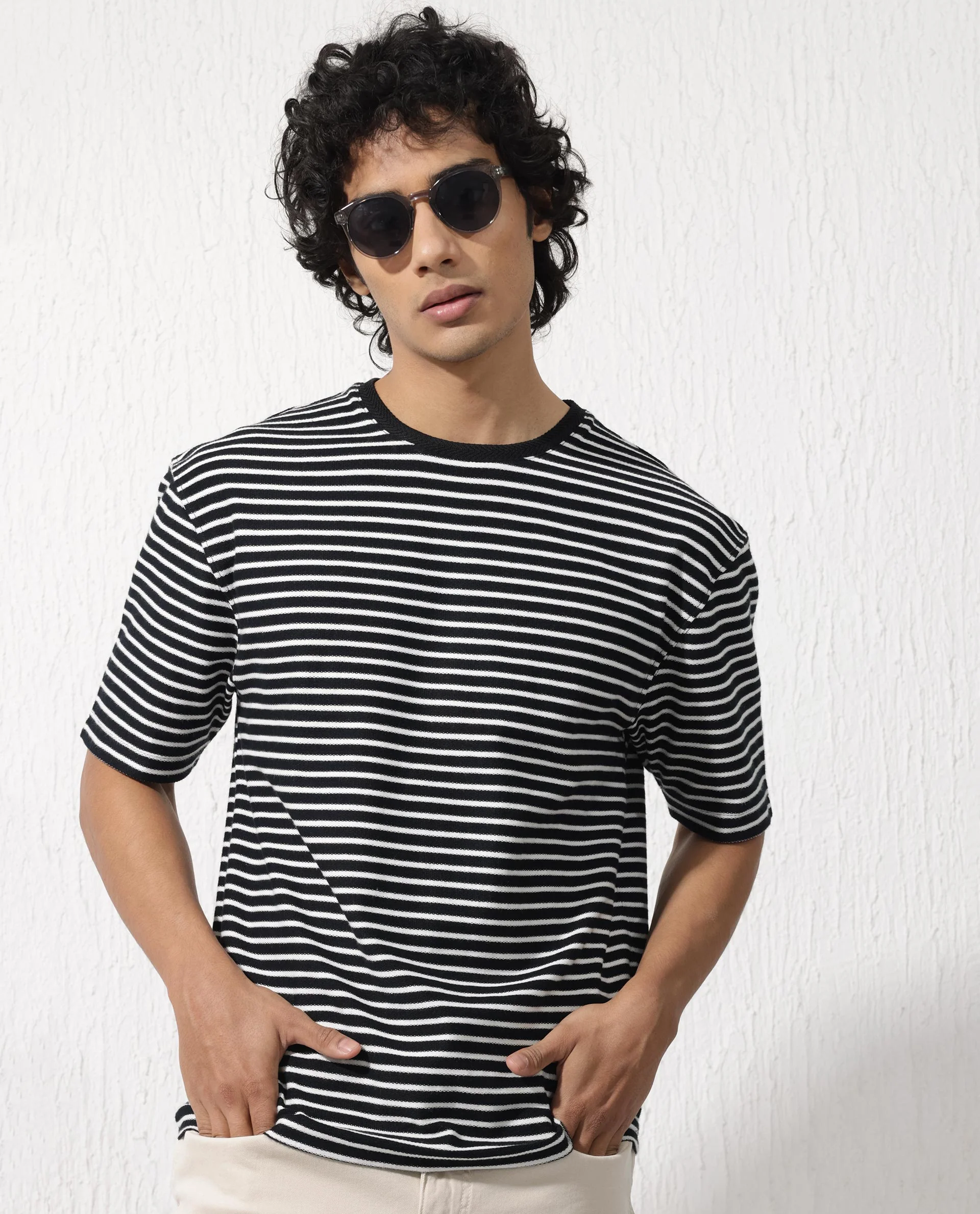 Rare Rabbit Men's Paskot Navy Cotton Striped Print Oversized Fit Half Sleeve Crew Neck T-Shirt - Image 4