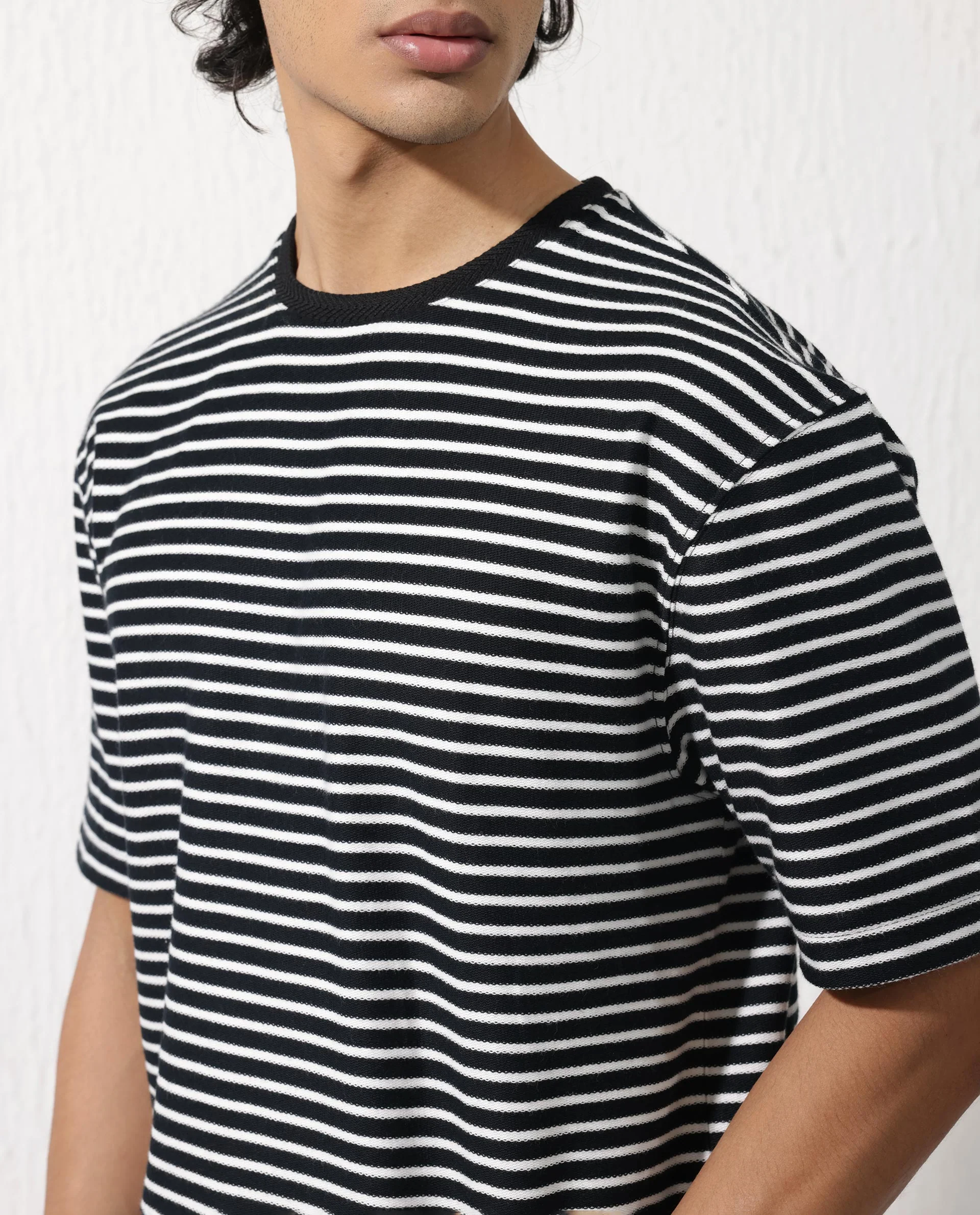 Rare Rabbit Men's Paskot Navy Cotton Striped Print Oversized Fit Half Sleeve Crew Neck T-Shirt - Image 5
