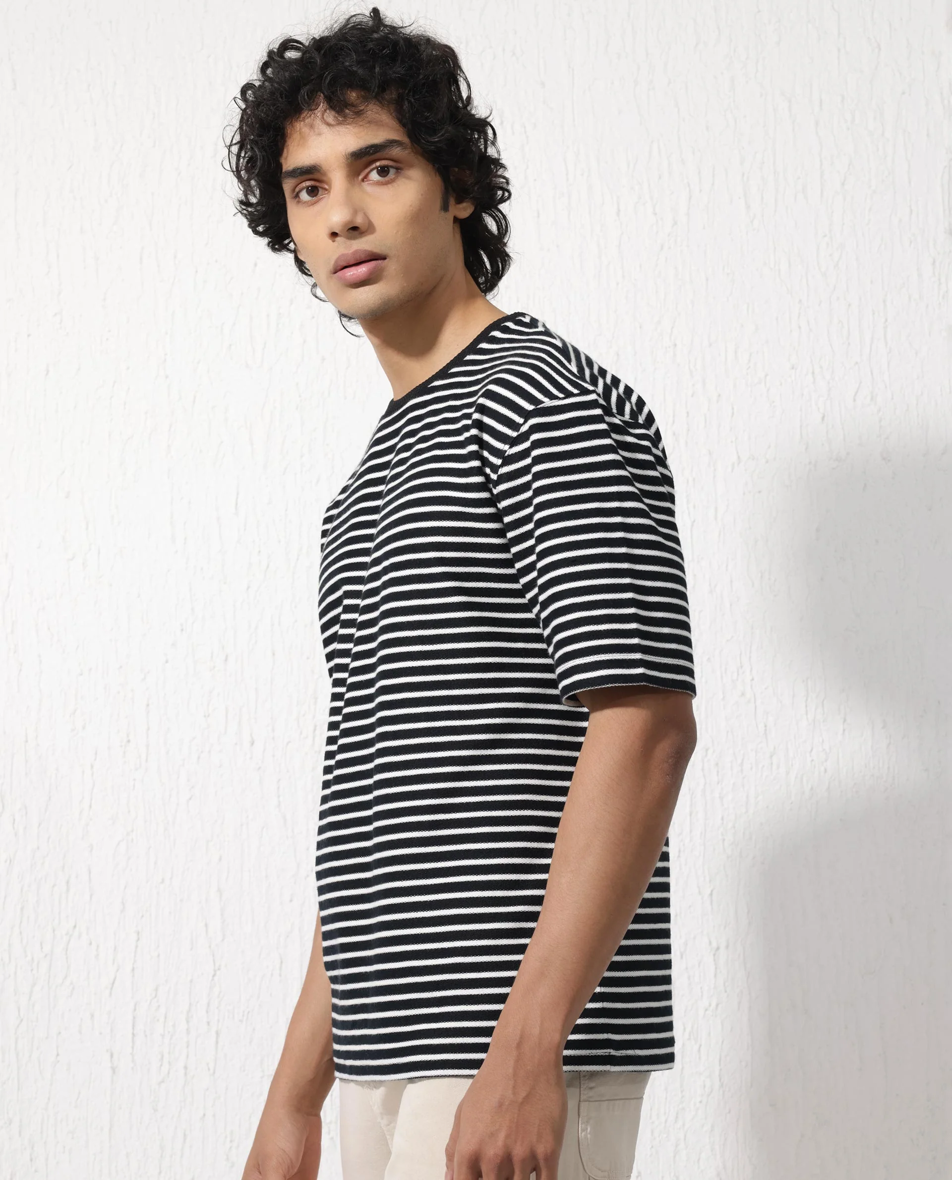 Rare Rabbit Men's Paskot Navy Cotton Striped Print Oversized Fit Half Sleeve Crew Neck T-Shirt - Image 6