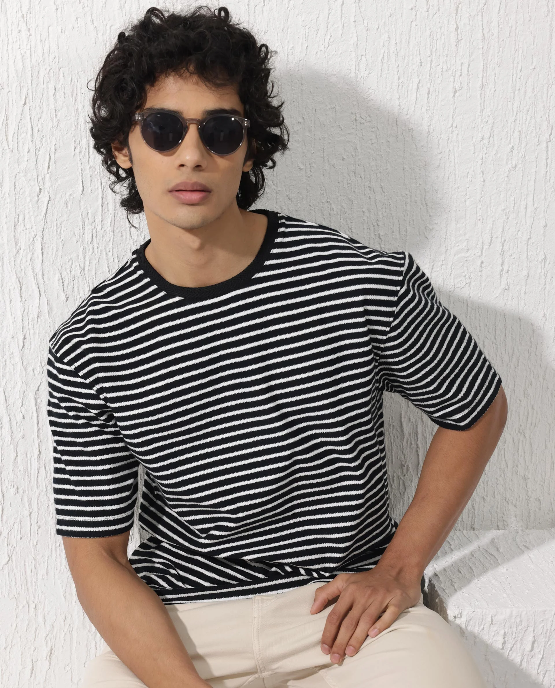 Rare Rabbit Men's Paskot Navy Cotton Striped Print Oversized Fit Half Sleeve Crew Neck T-Shirt - Image 7